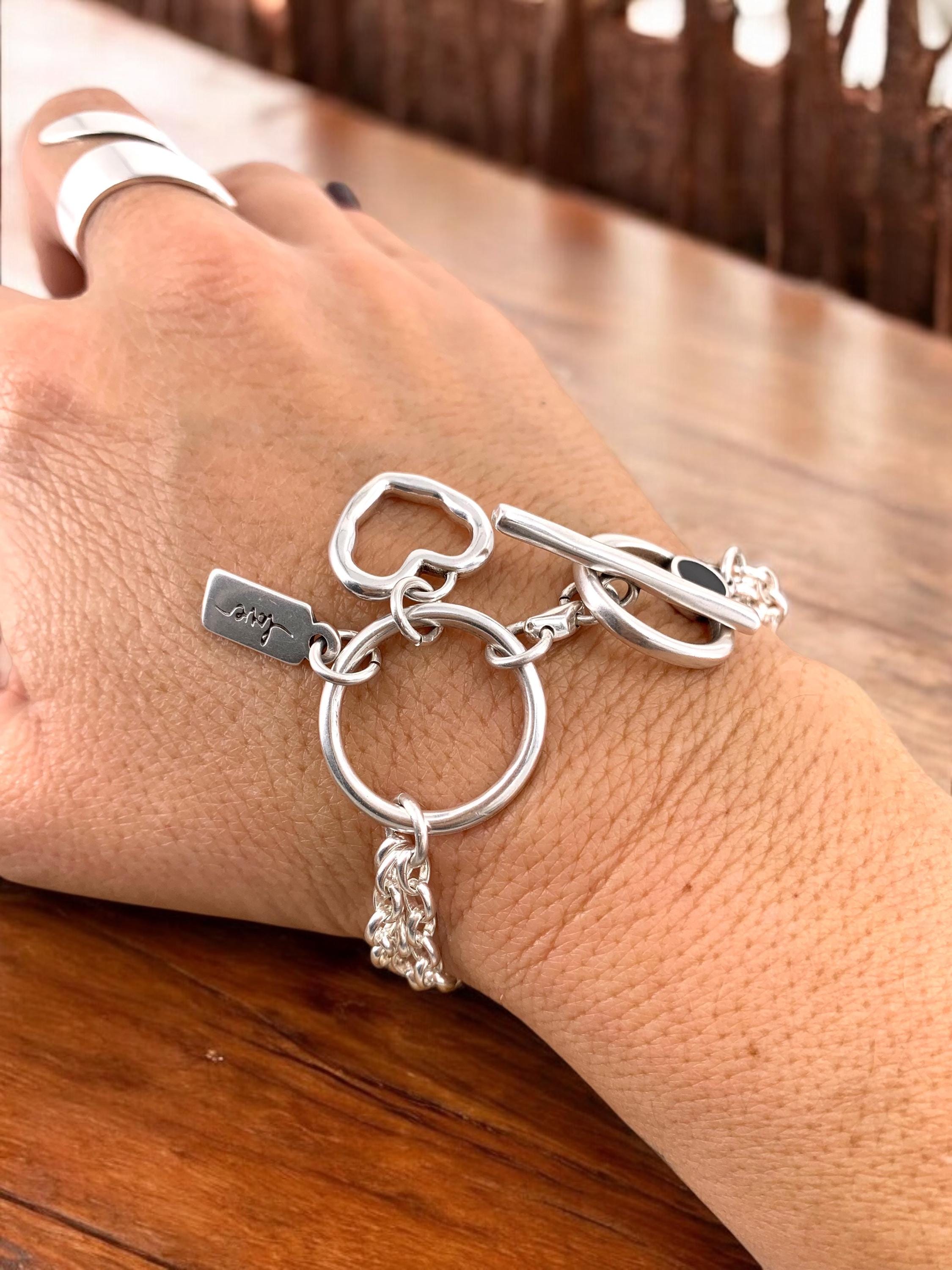 Multi strand silver chain bracelet with toggle clasps and heart charm, heart bracelets, wrap silver bracelet, uno de 50 style, chunky bracel
