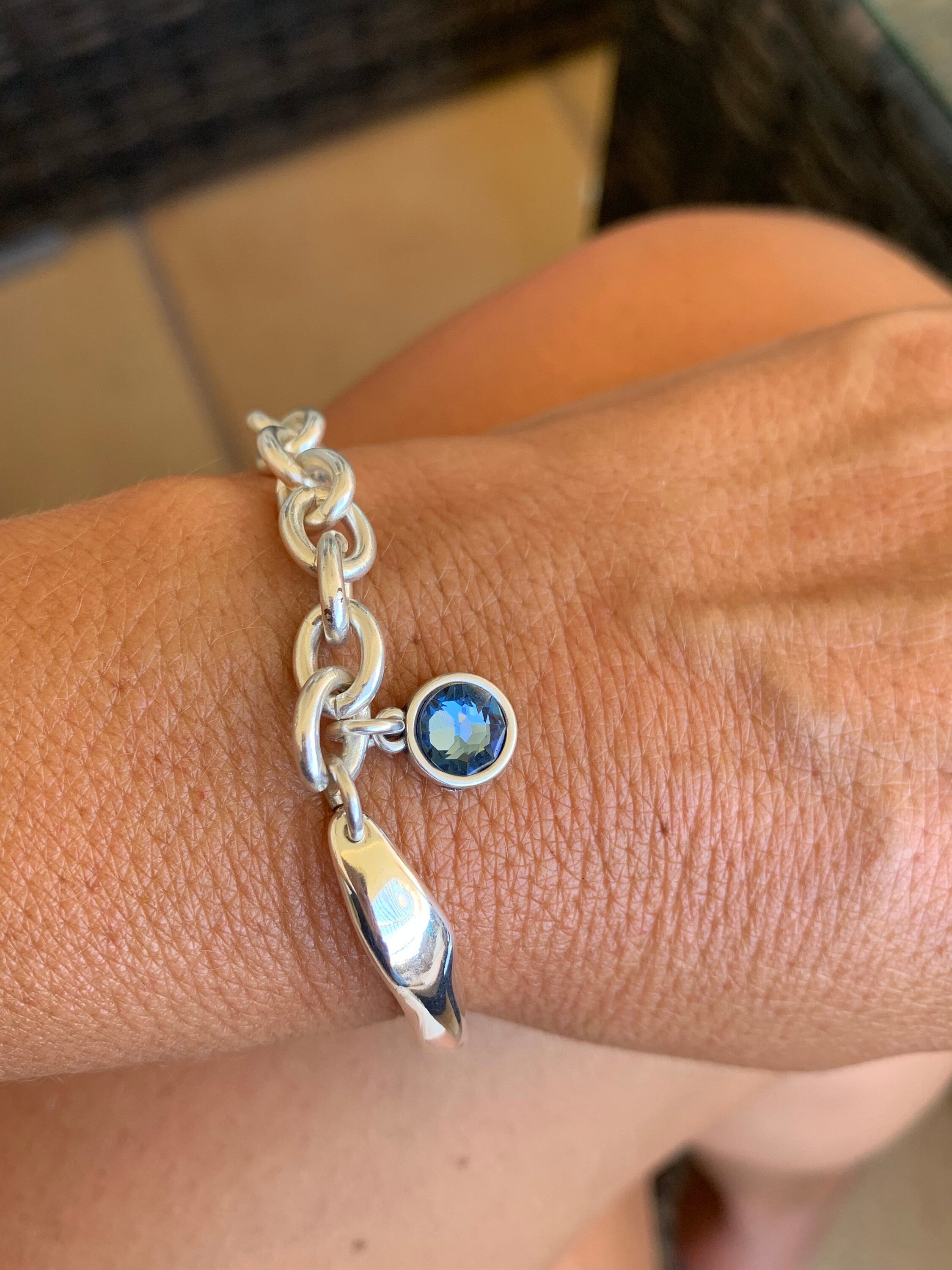 Half-Cuff Silver Bracelet with Swarovski Crystal Charm – Chunky Chain – Handmade Custom Fit – Kukuri Exclusive - statement jewelry