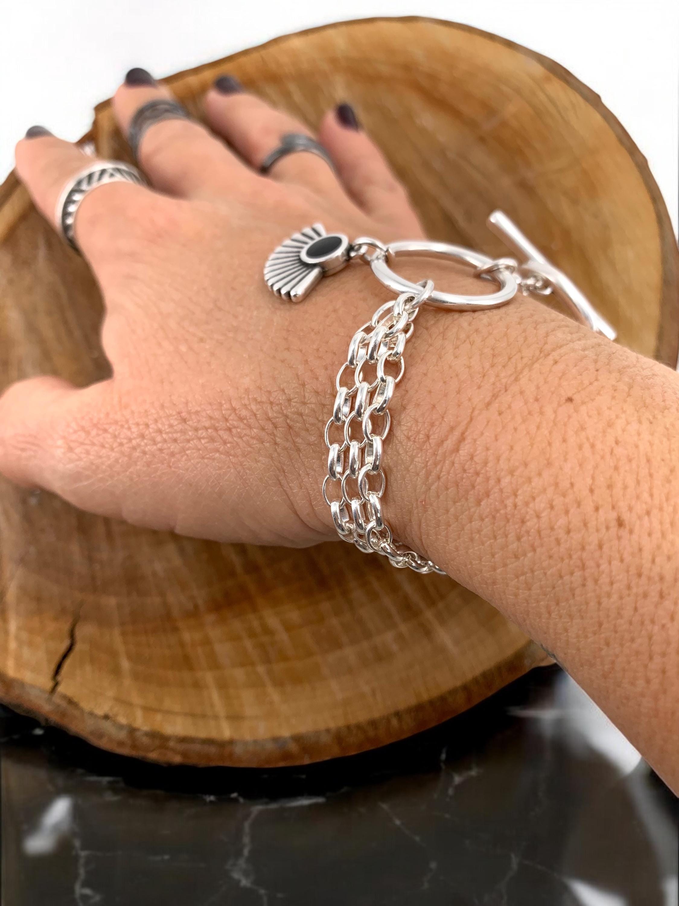 Multi strand silver chain bracelet with toggle clasp and tribal charms, custom handmade jewelry