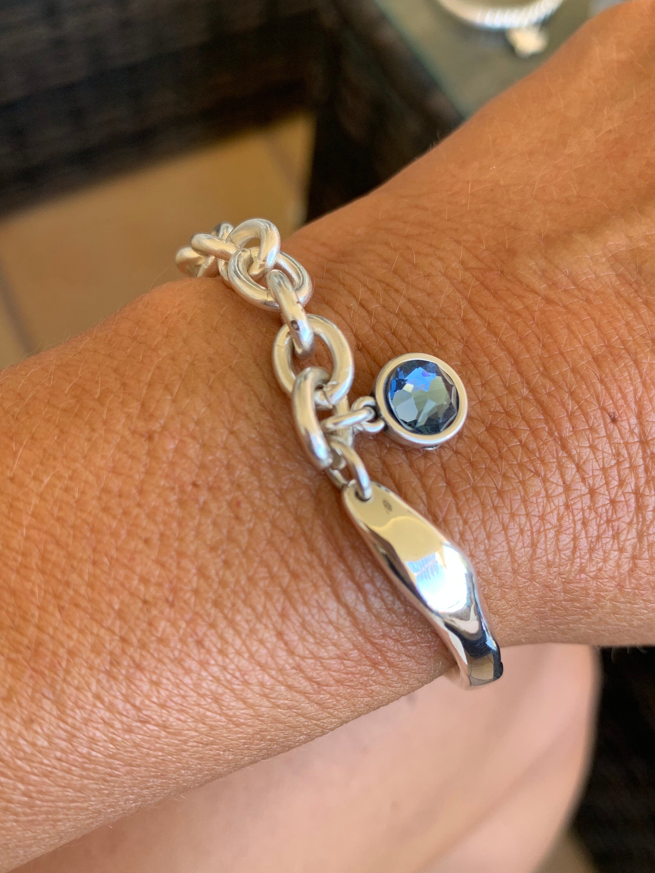 Half-Cuff Silver Bracelet with Swarovski Crystal Charm – Chunky Chain – Handmade Custom Fit – Kukuri Exclusive - statement jewelry