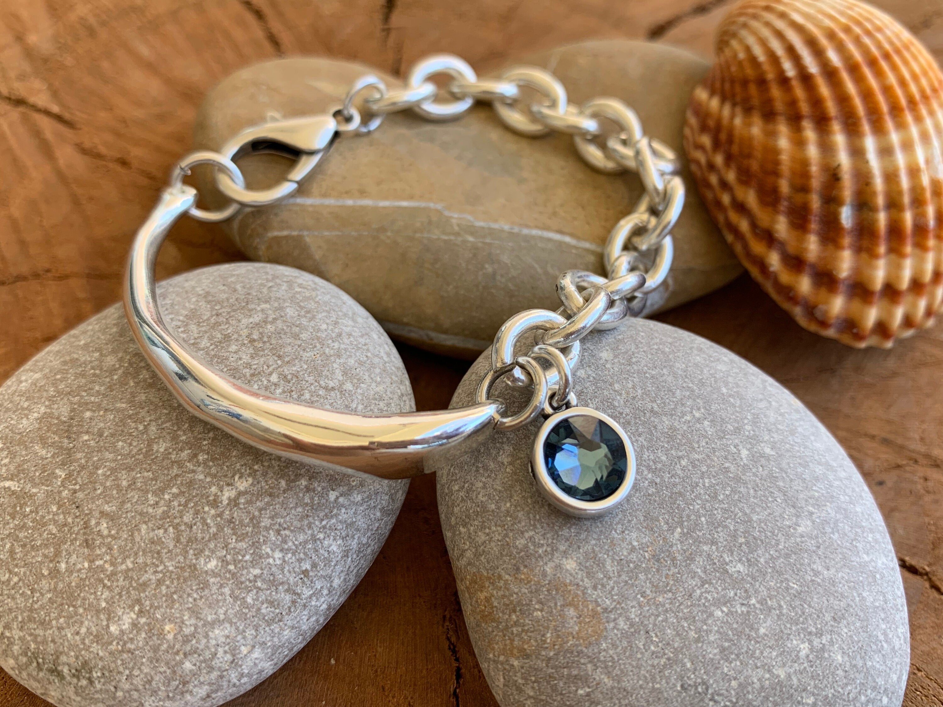 Half-Cuff Silver Bracelet with Swarovski Crystal Charm – Chunky Chain – Handmade Custom Fit – Kukuri Exclusive - statement jewelry