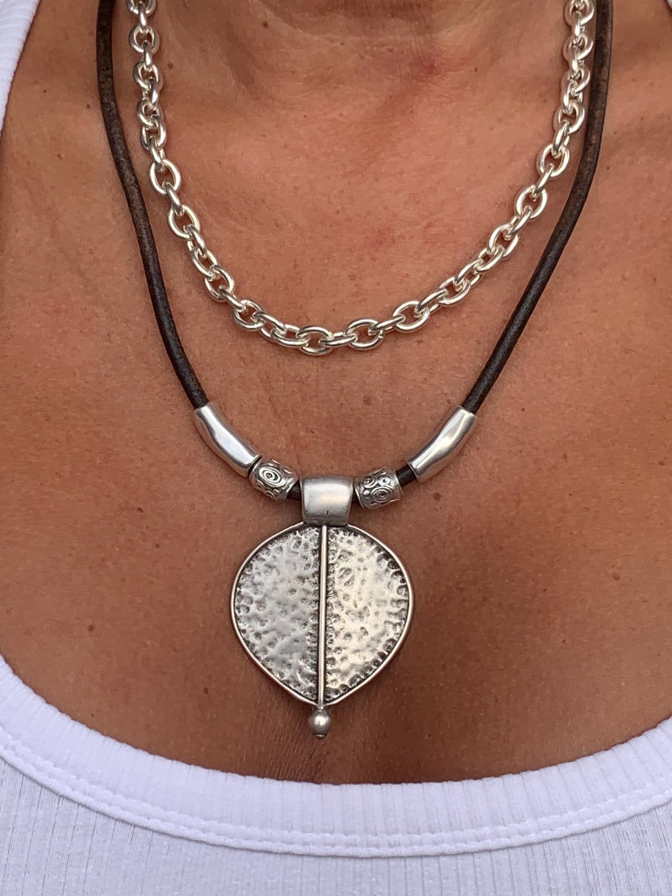 Layered Silver and Leather Pendant Necklace – Chunky Tribal Multi-Strand Necklace – Customizable Statement Jewelry