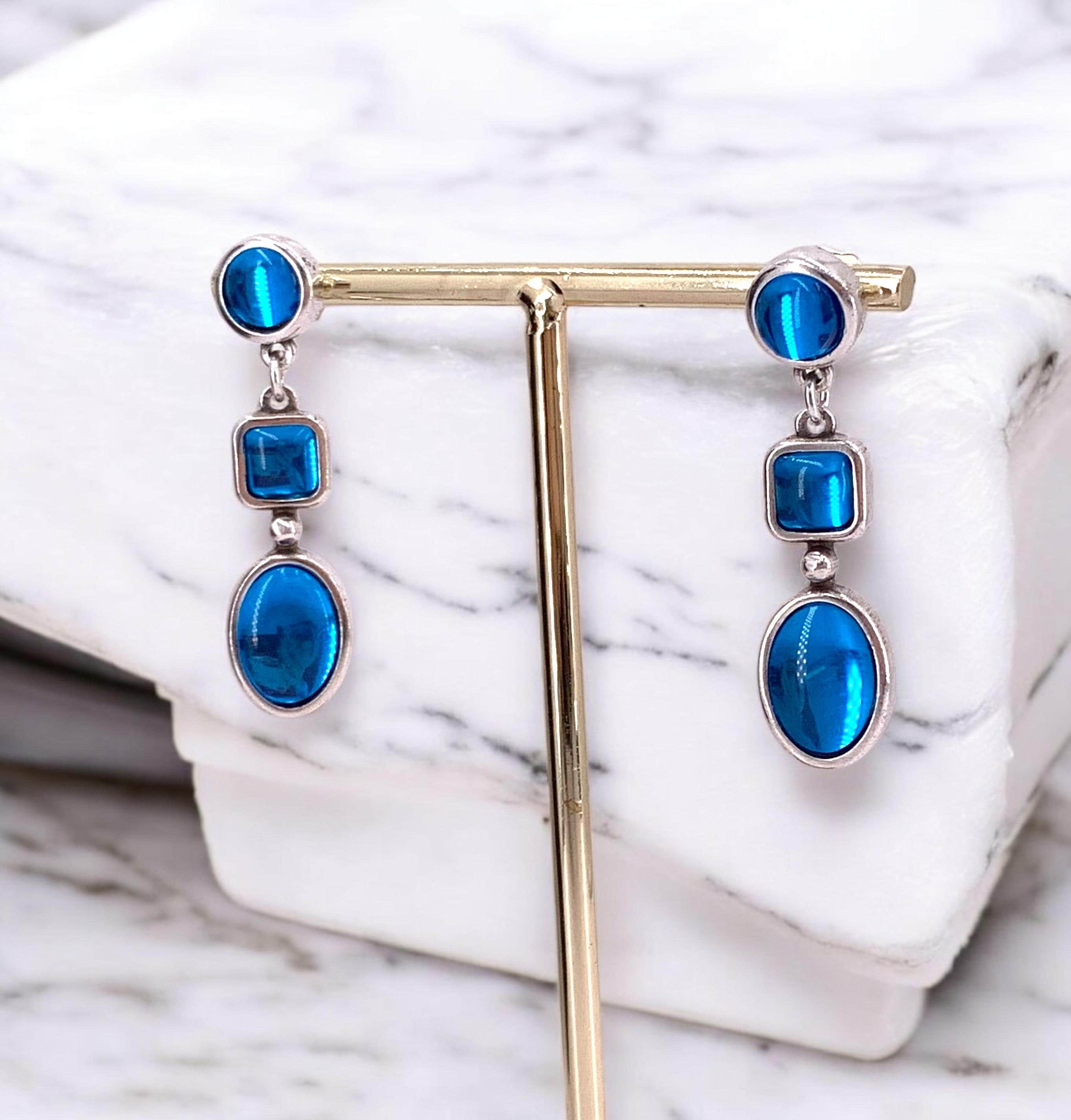 Large Blue Crystal Silver Earrings – Elegant 80s Vintage Dangle Earrings – Statement Wedding festival or party Jewelry – chunky silver studs