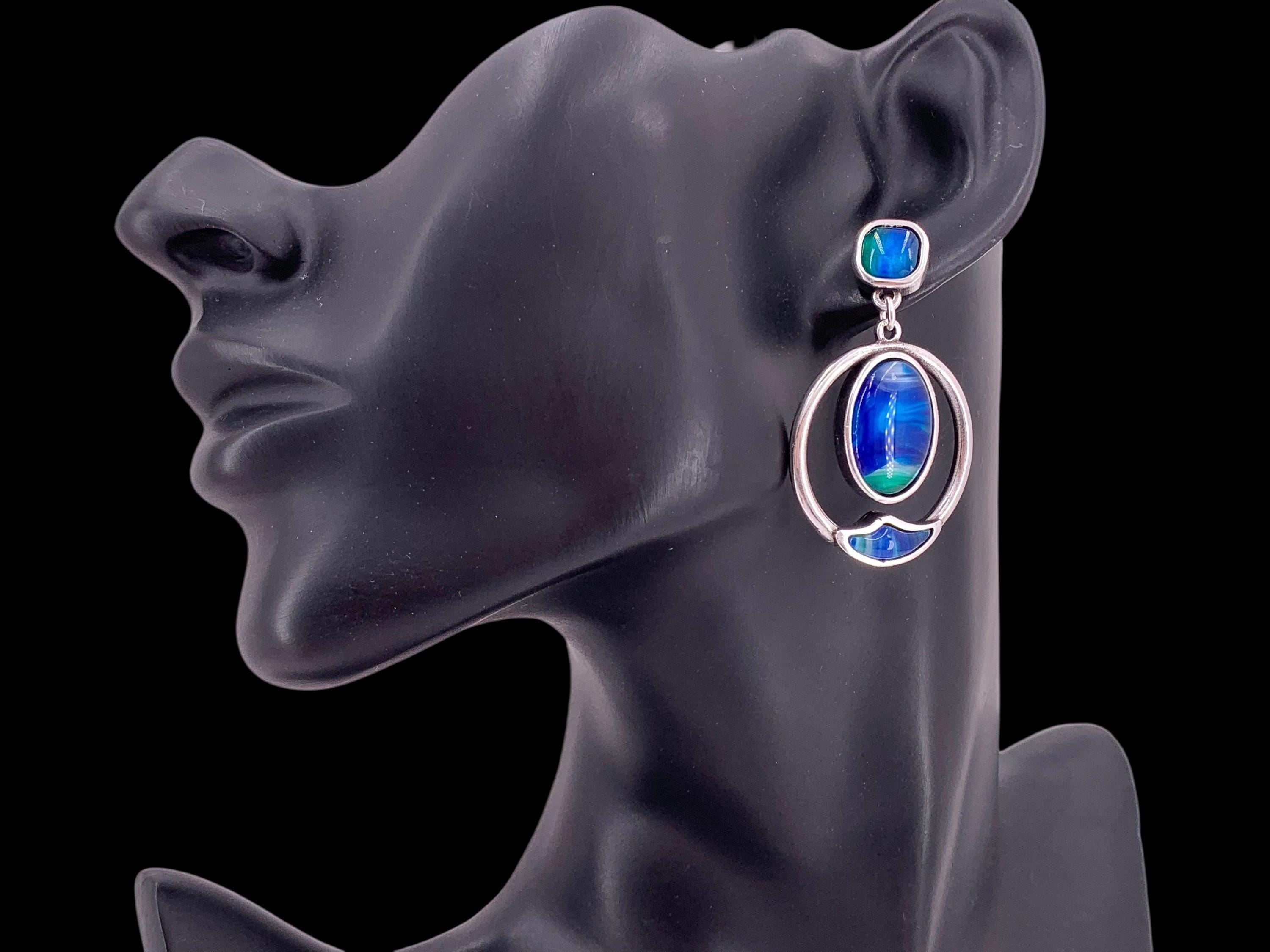 Large Blue green Crystal Silver long dangle Earrings