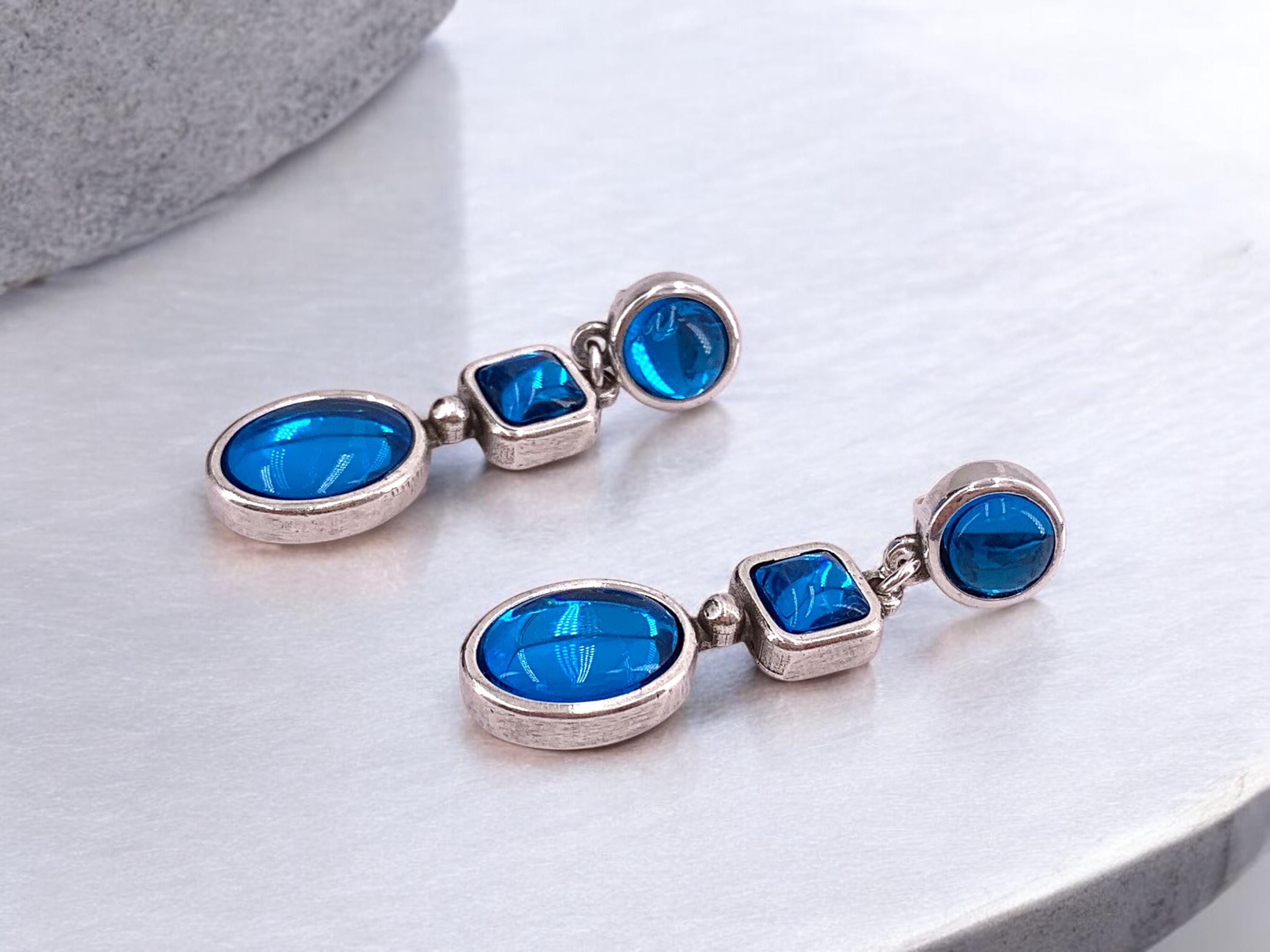 Large Blue Crystal Silver Earrings – Elegant 80s Vintage Dangle Earrings – Statement Wedding festival or party Jewelry – chunky silver studs