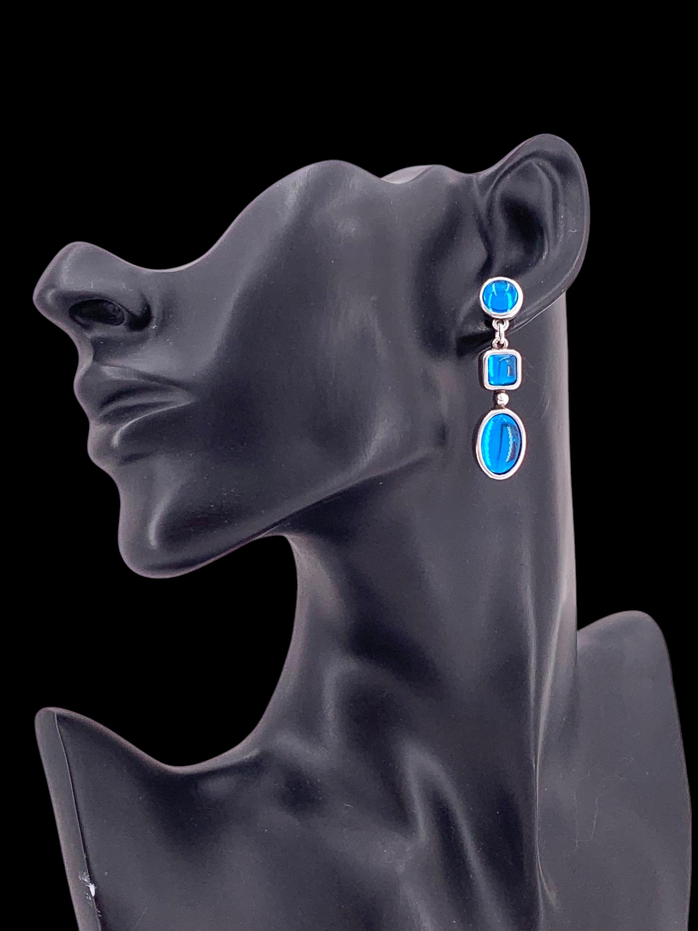 Large Blue Crystal Silver Earrings – Elegant 80s Vintage Dangle Earrings – Statement Wedding festival or party Jewelry – chunky silver studs