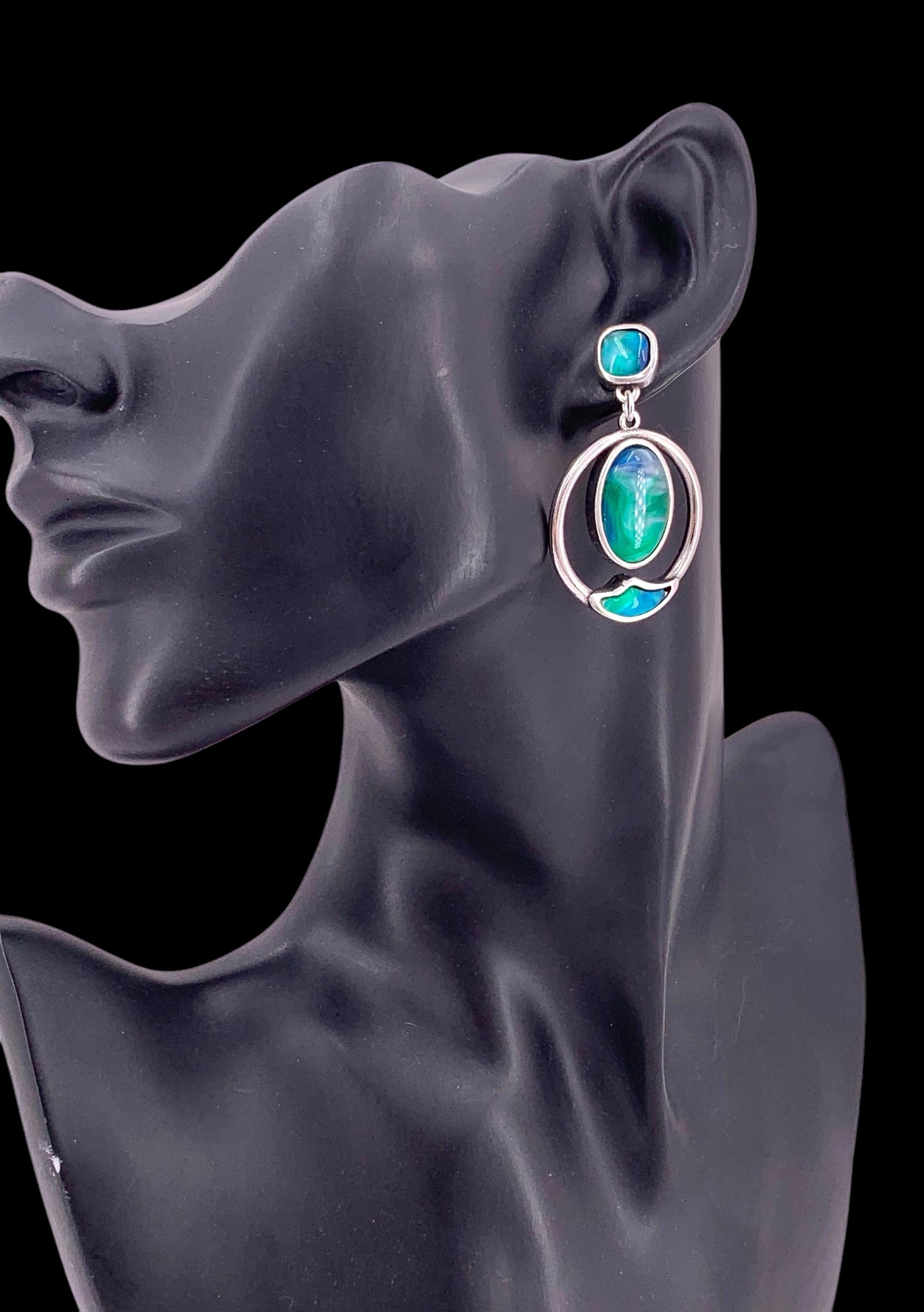Large Blue green Crystal Silver long dangle Earrings