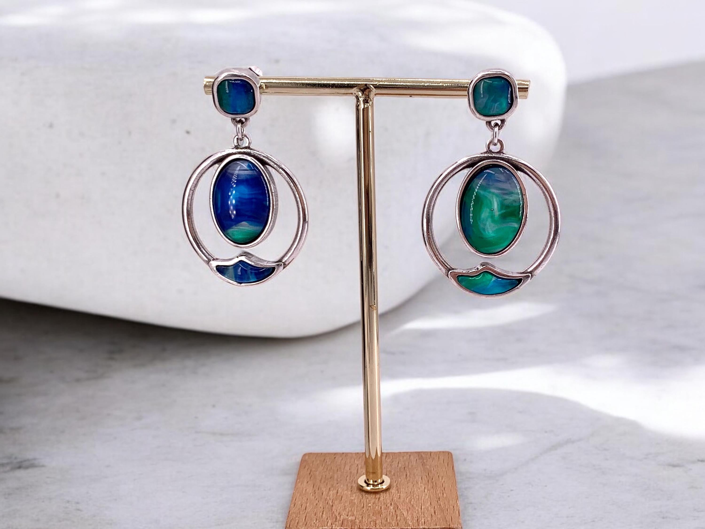 Large Blue green Crystal Silver Earrings – Elegant Dangle Statement Earrings – 80s vintage– Wedding & Festival Jewelry