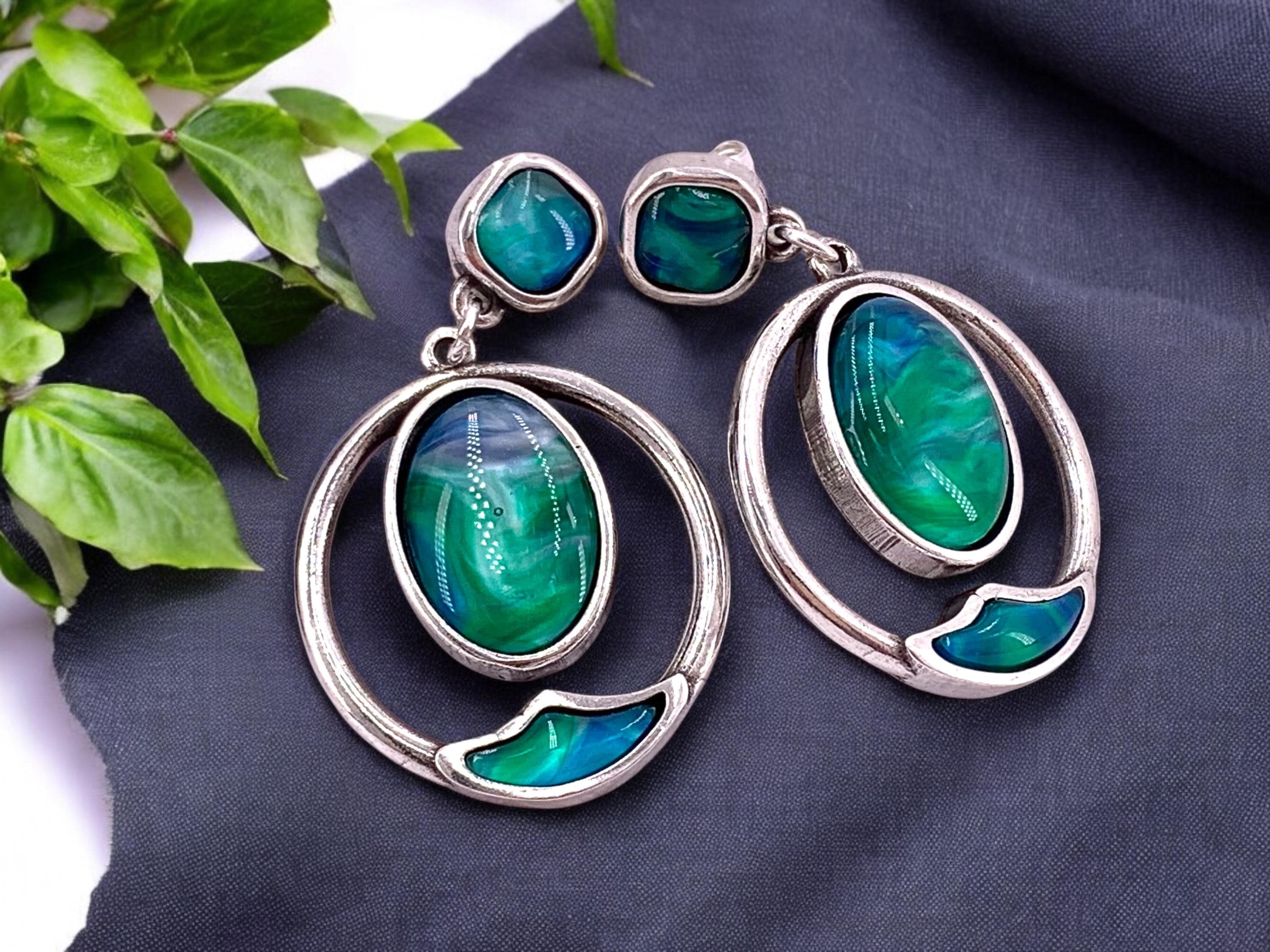 Large Blue green Crystal Silver long dangle Earrings