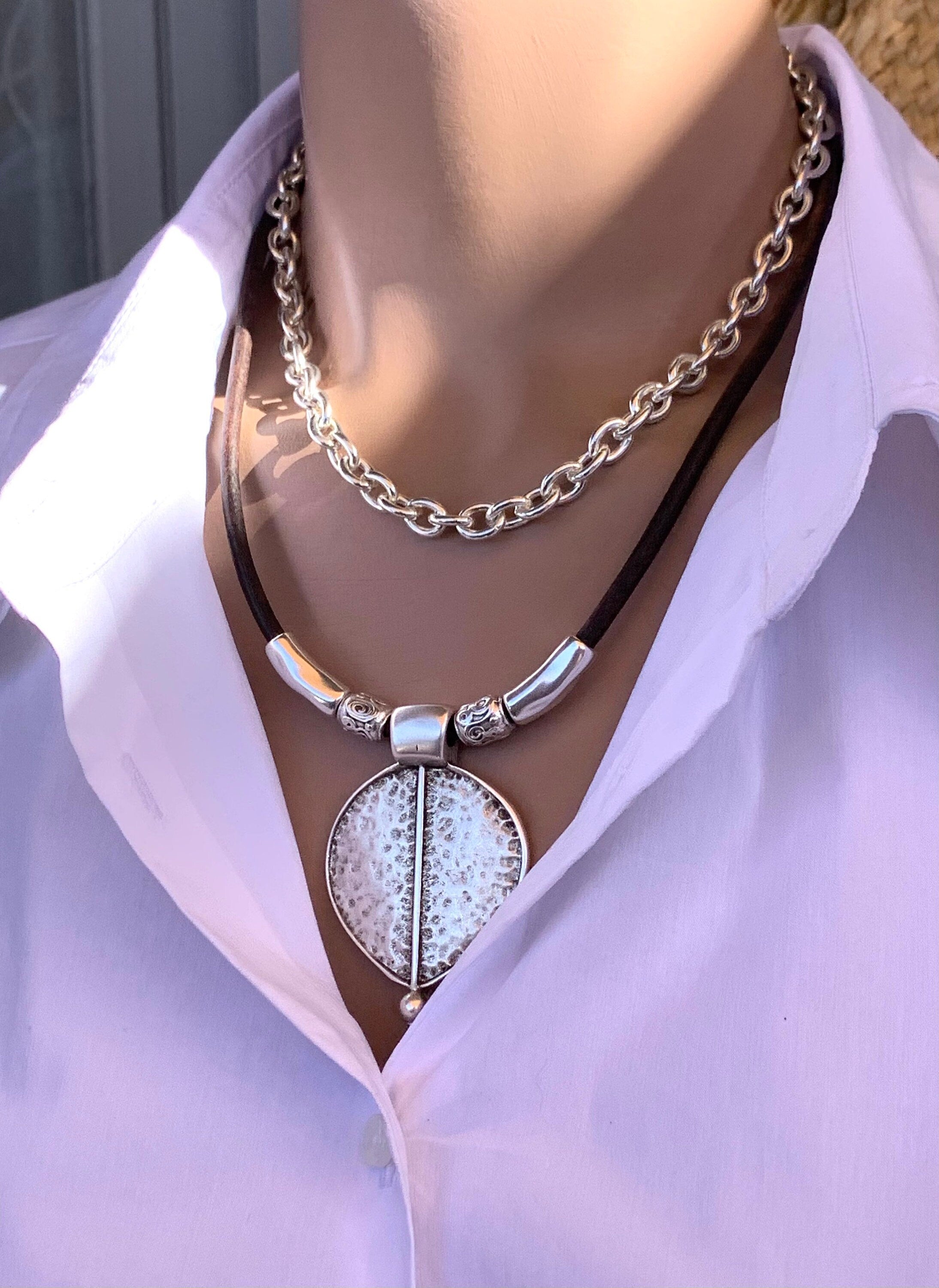 Layered Silver and Leather Pendant Necklace – Chunky Tribal Multi-Strand Necklace – Customizable Statement Jewelry