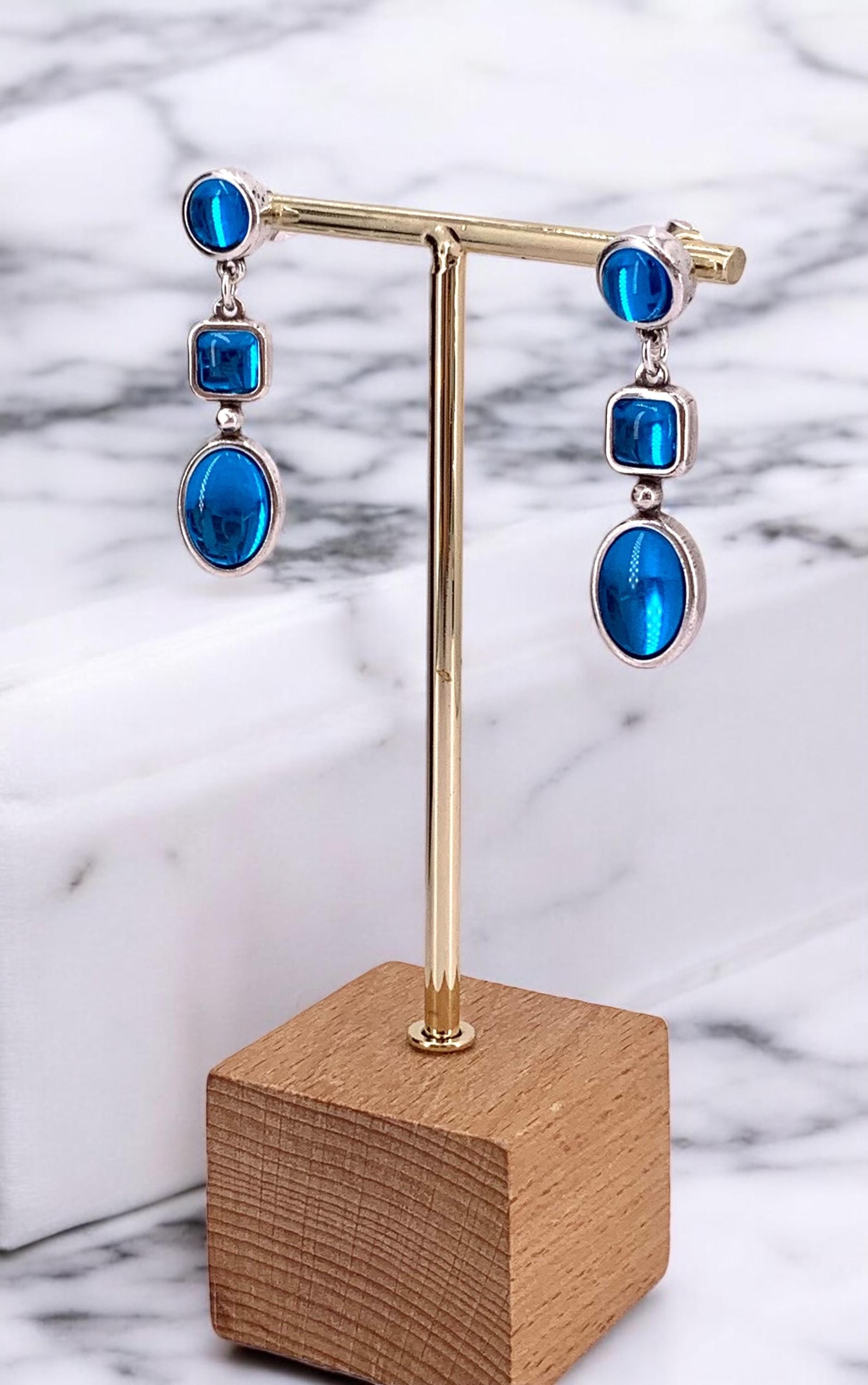 Large Blue Crystal Silver Earrings – Elegant 80s Vintage Dangle Earrings – Statement Wedding festival or party Jewelry – chunky silver studs