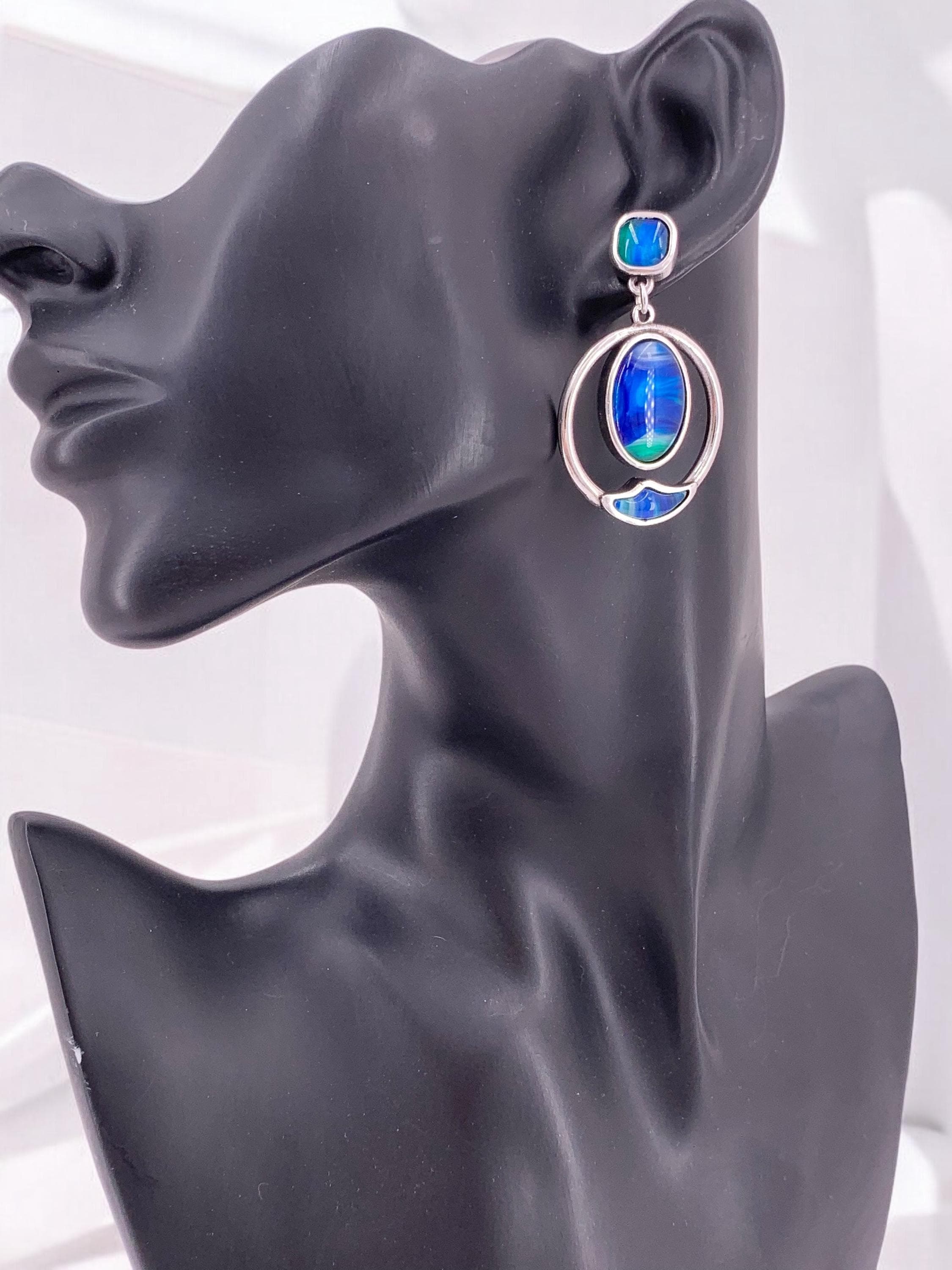 Large Blue green Crystal Silver long dangle Earrings