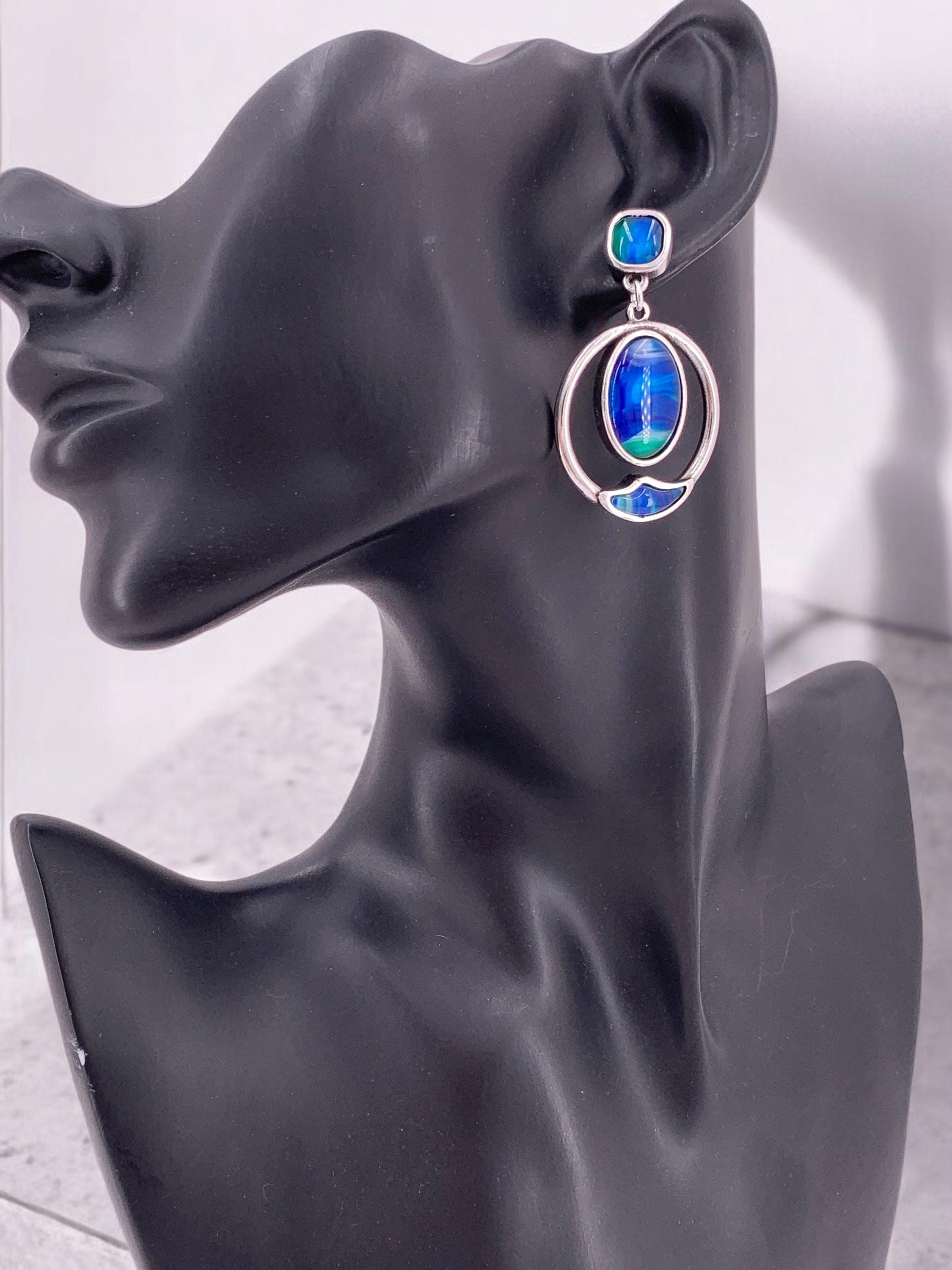 Large Blue green Crystal Silver Earrings – Elegant Dangle Statement Earrings – 80s vintage– Wedding & Festival Jewelry