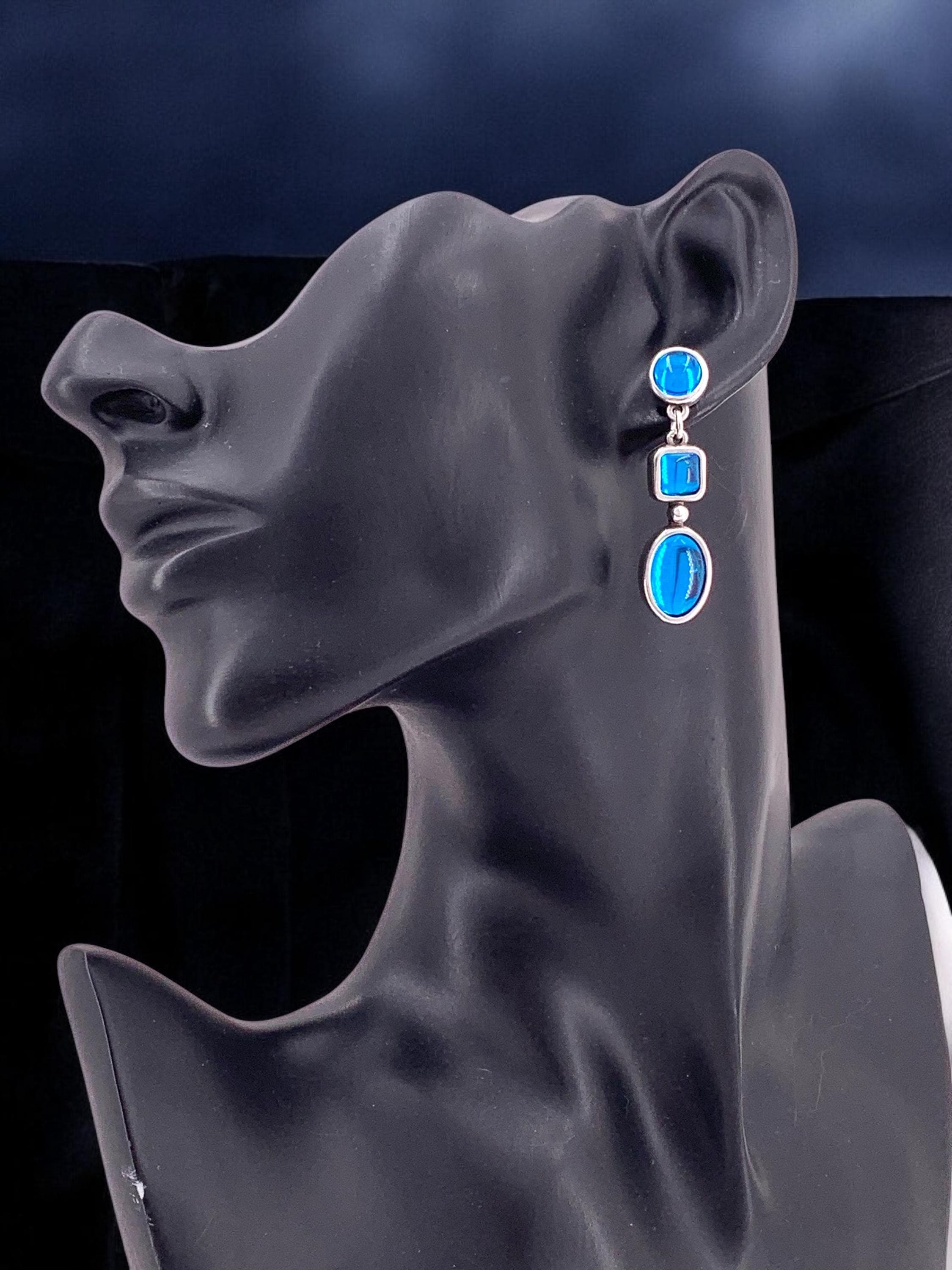 Large Blue Crystal Silver Earrings – Elegant 80s Vintage Dangle Earrings – Statement Wedding festival or party Jewelry – chunky silver studs