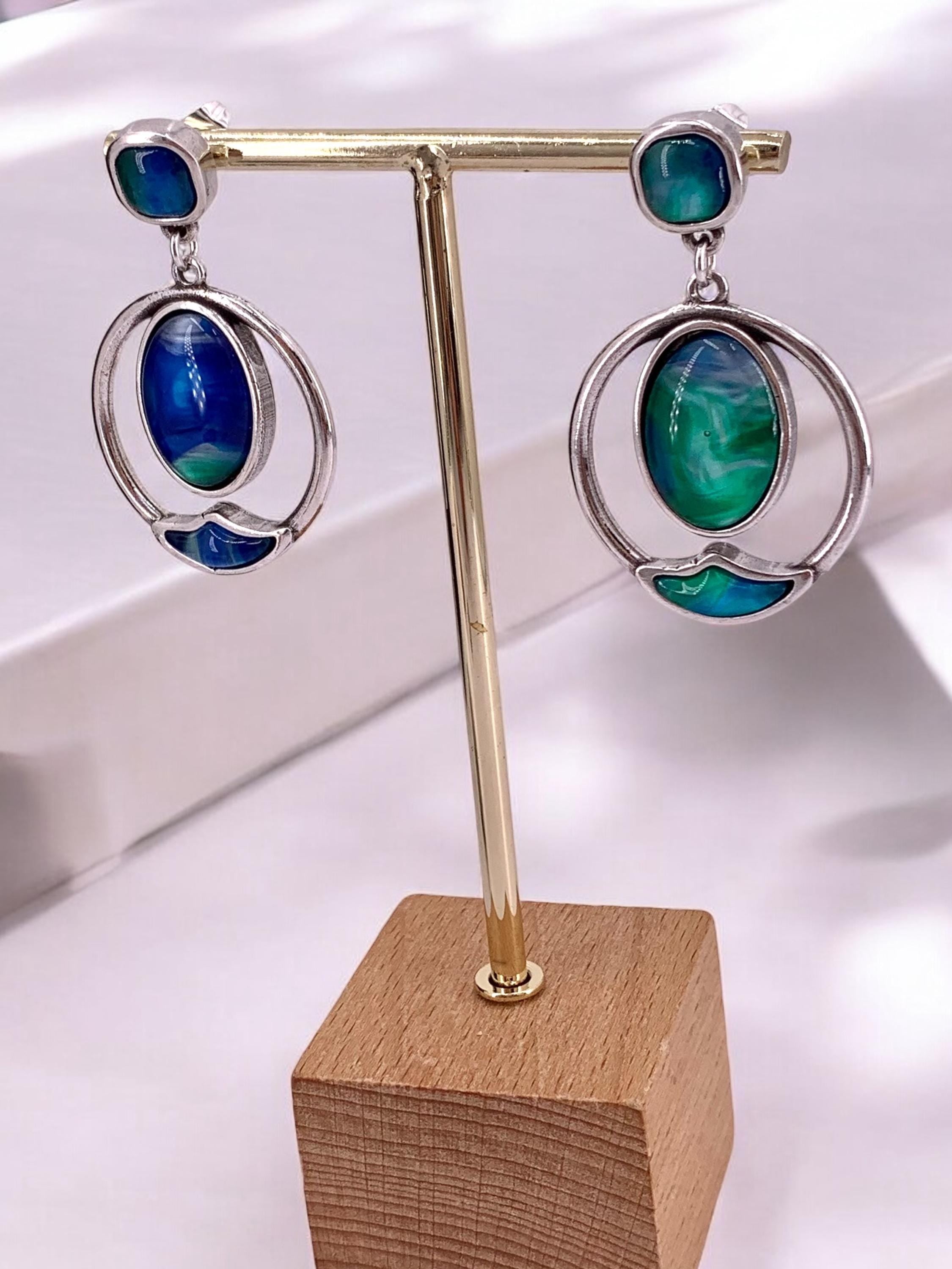 Large Blue green Crystal Silver long dangle Earrings