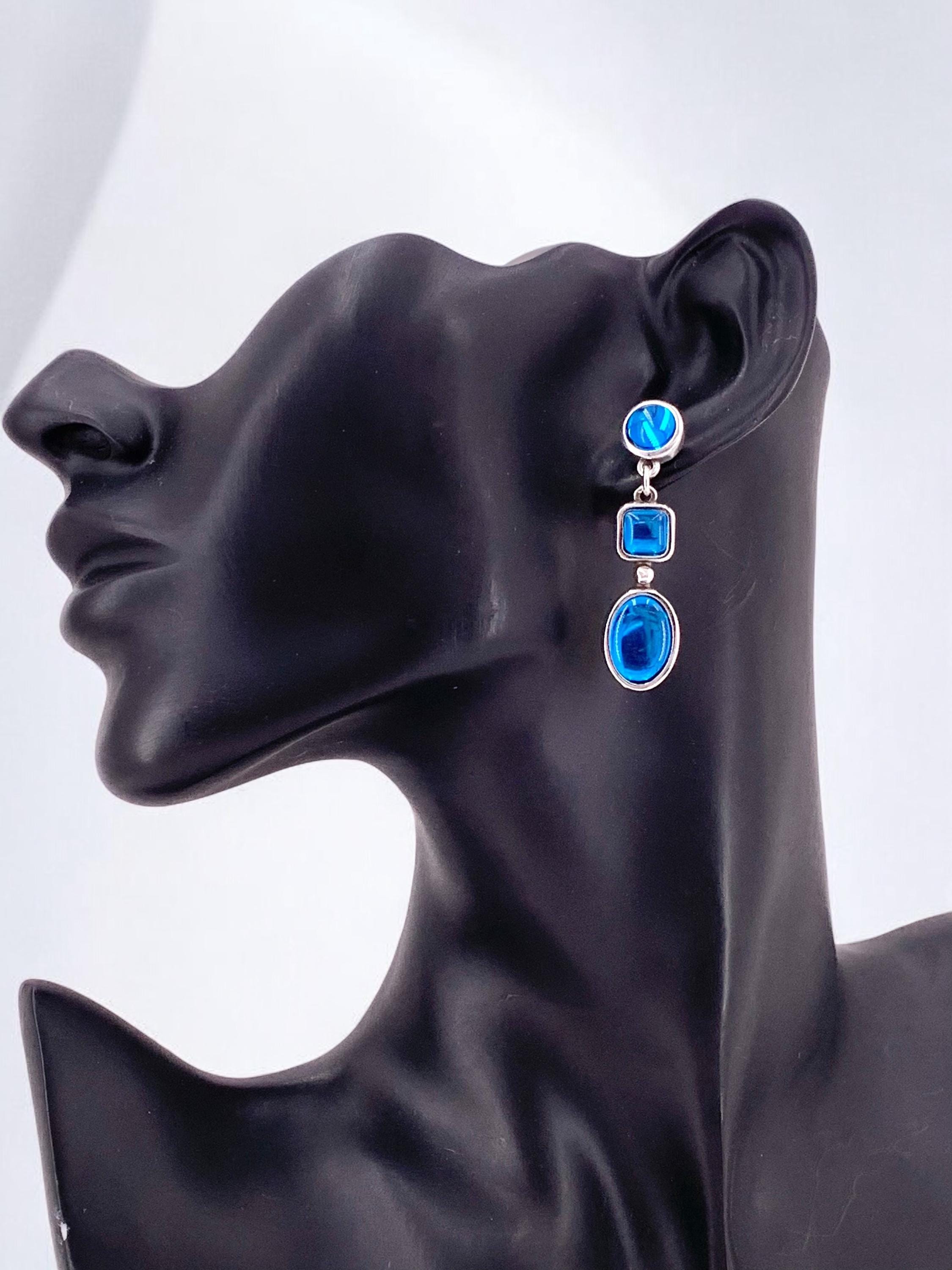 Large Blue Crystal Silver Earrings – Elegant 80s Vintage Dangle Earrings – Statement Wedding festival or party Jewelry – chunky silver studs