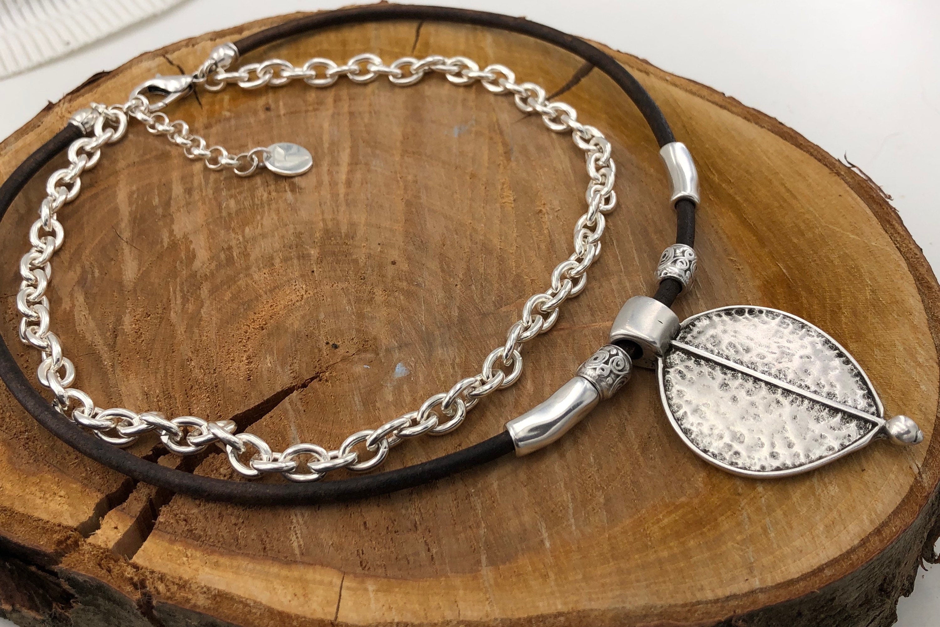 Layered Silver and Leather Pendant Necklace – Chunky Tribal Multi-Strand Necklace – Customizable Statement Jewelry