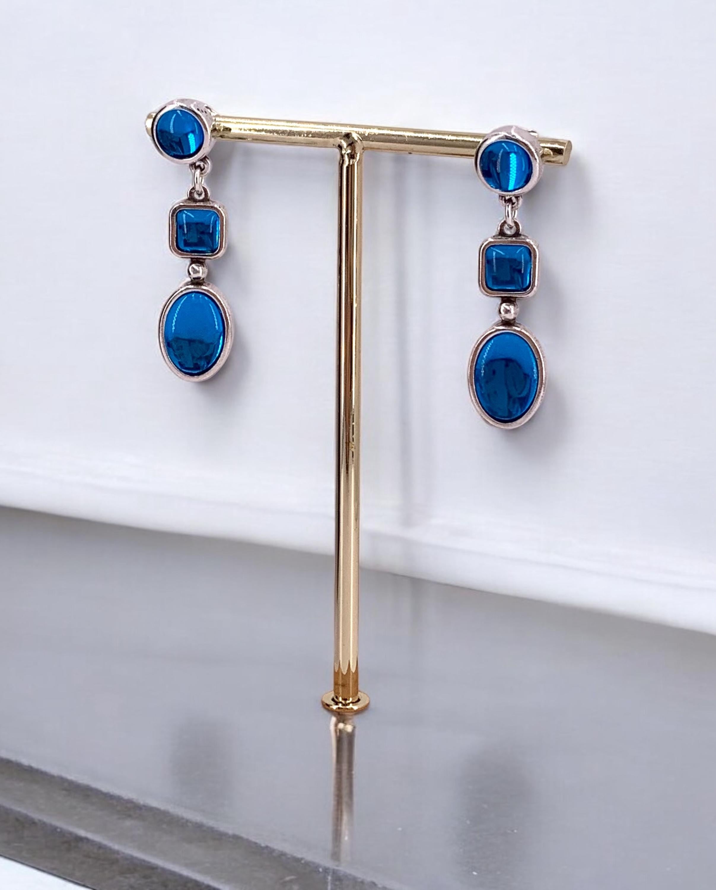 Large Blue Crystal Silver Earrings – Elegant 80s Vintage Dangle Earrings – Statement Wedding festival or party Jewelry – chunky silver studs