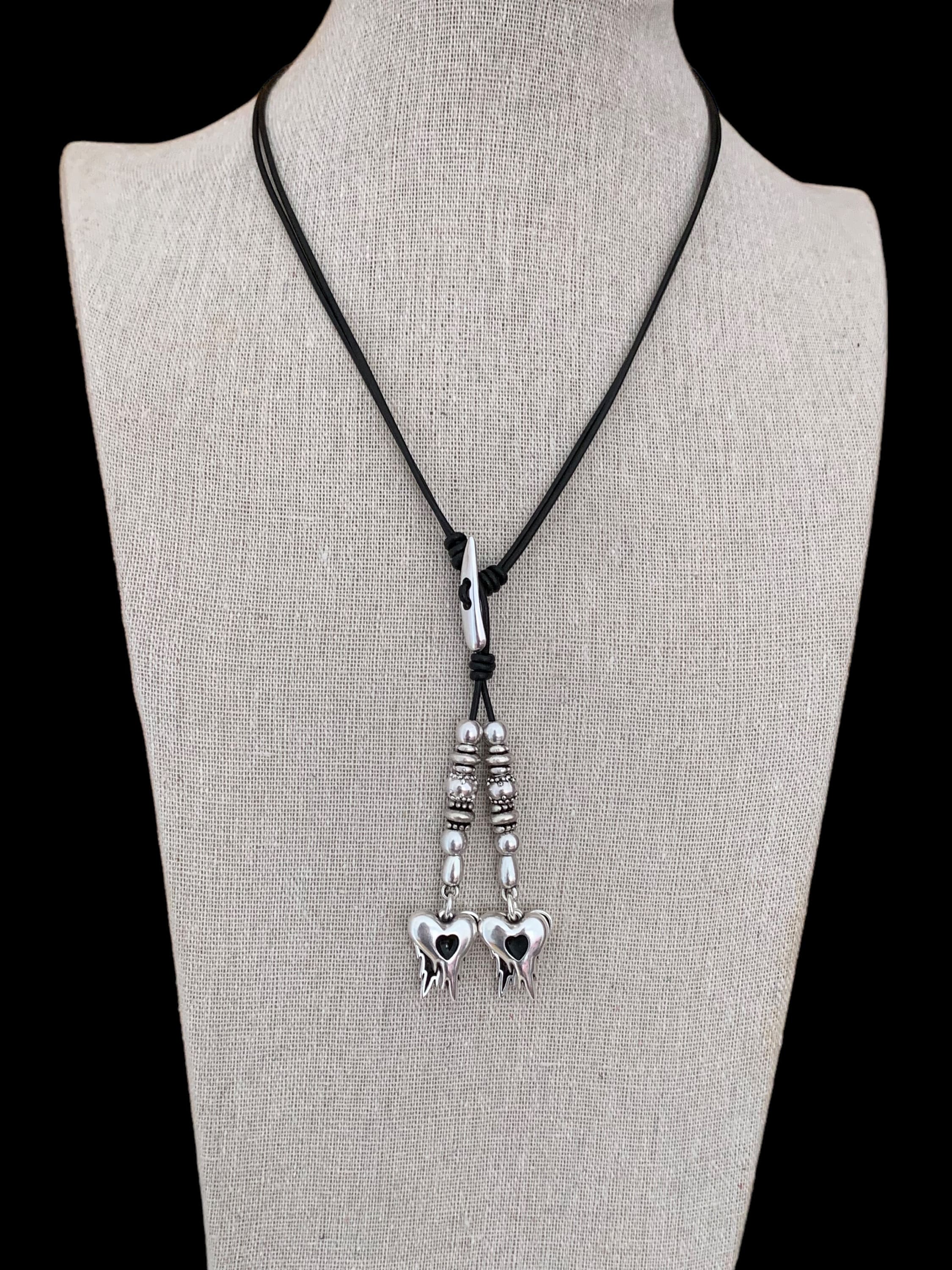 Bohemian Leather Lariat Necklace – Dangle Silver Heart Charms – Adjustable Y Necklace – Layering Statement Jewelry - ethic tribal tie choker