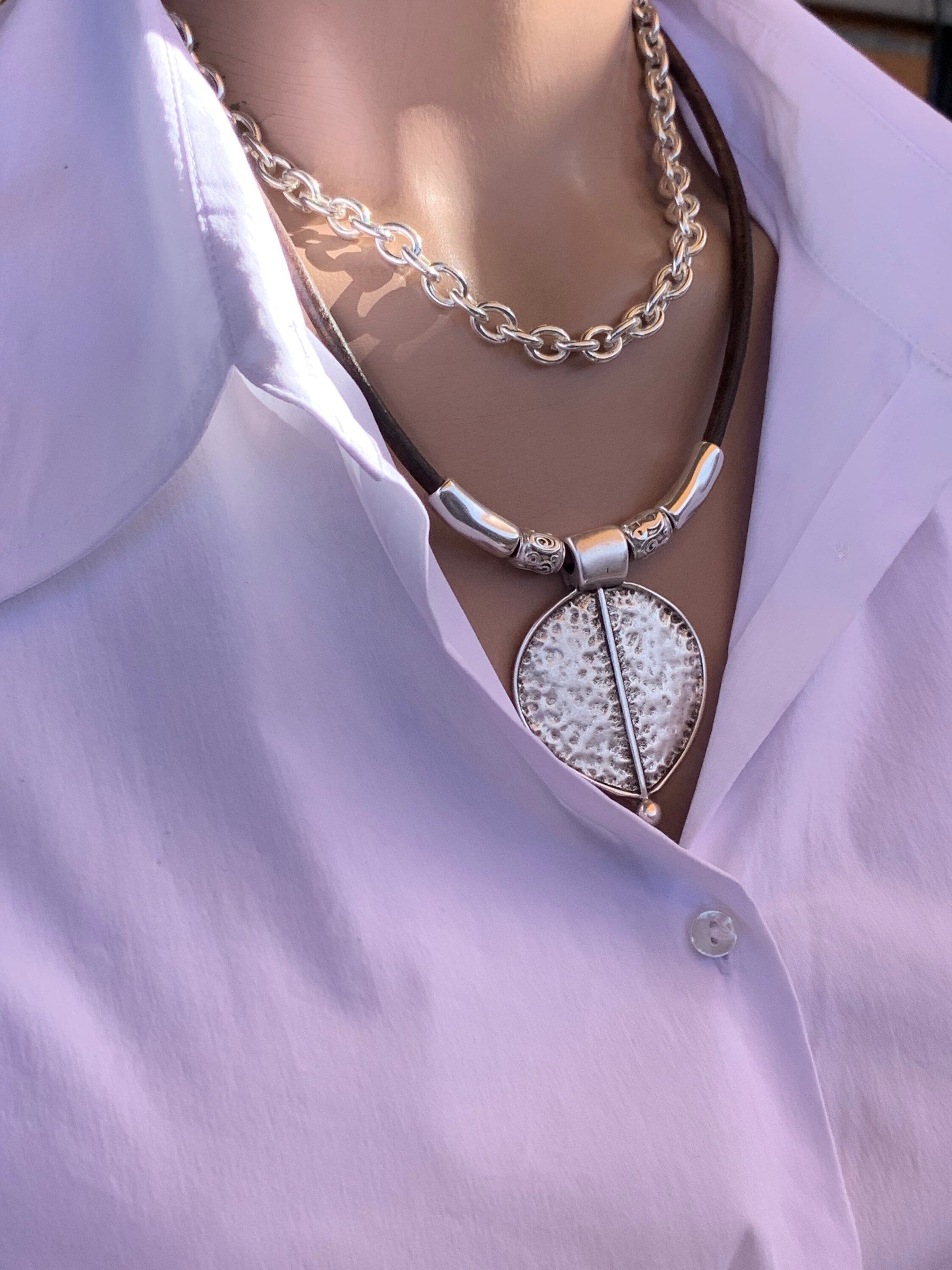 Layered Silver and Leather Pendant Necklace – Chunky Tribal Multi-Strand Necklace – Customizable Statement Jewelry