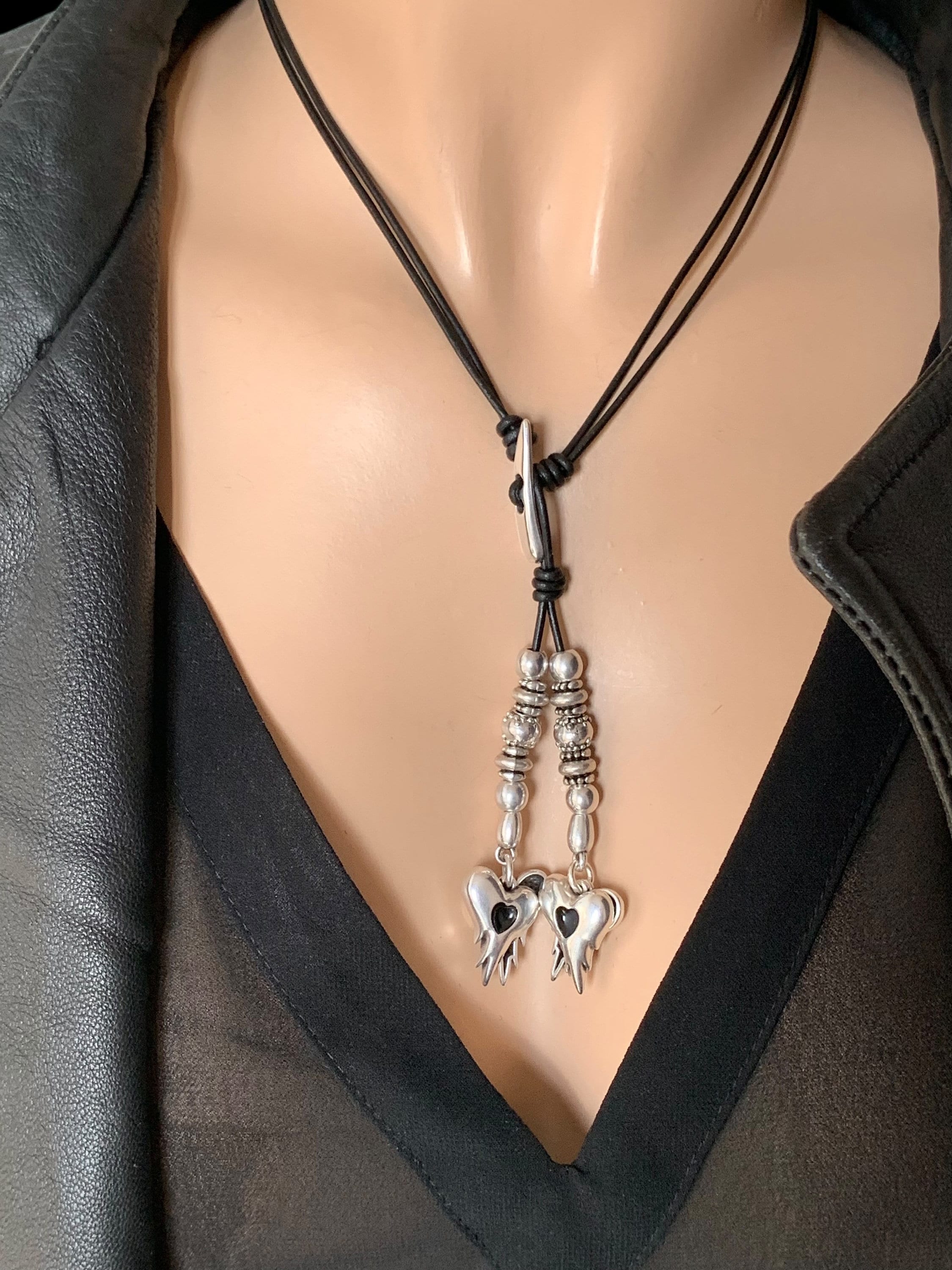 Bohemian Leather Lariat Necklace – Dangle Silver Heart Charms – Adjustable Y Necklace – Layering Statement Jewelry - ethic tribal tie choker