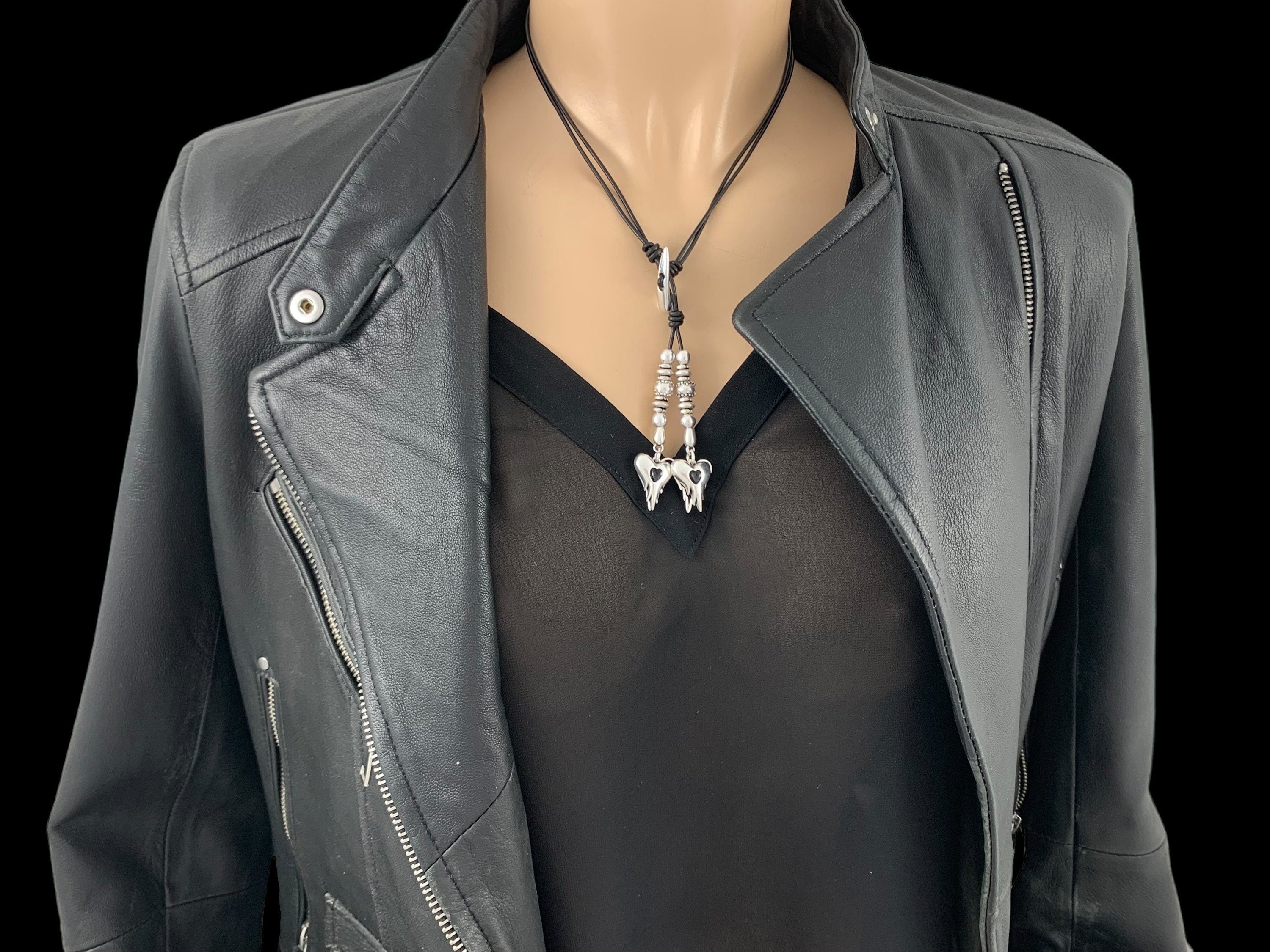 Bohemian Leather Lariat Necklace – Dangle Silver Heart Charms – Adjustable Y Necklace – Layering Statement Jewelry - ethic tribal tie choker