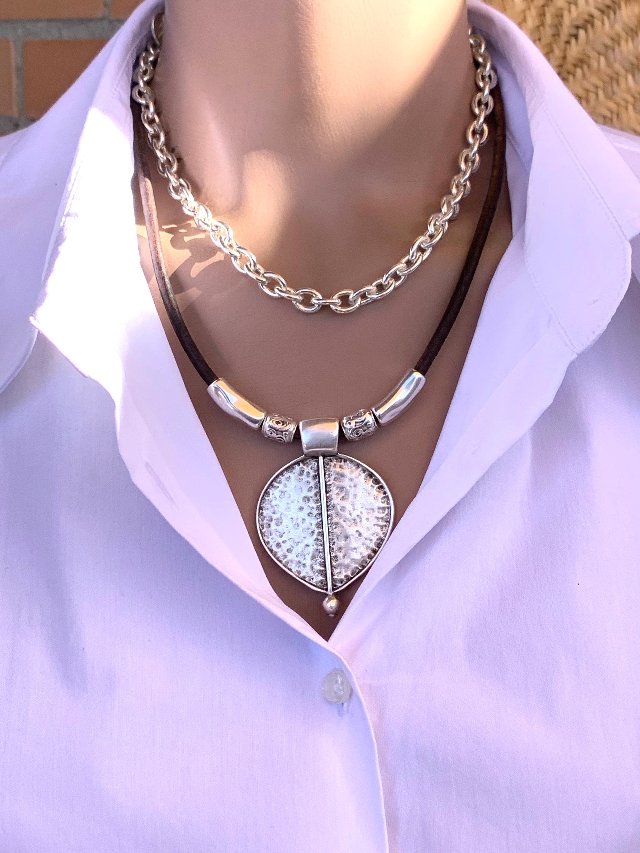 Layered Silver and Leather Pendant Necklace – Chunky Tribal Multi-Strand Necklace – Customizable Statement Jewelry