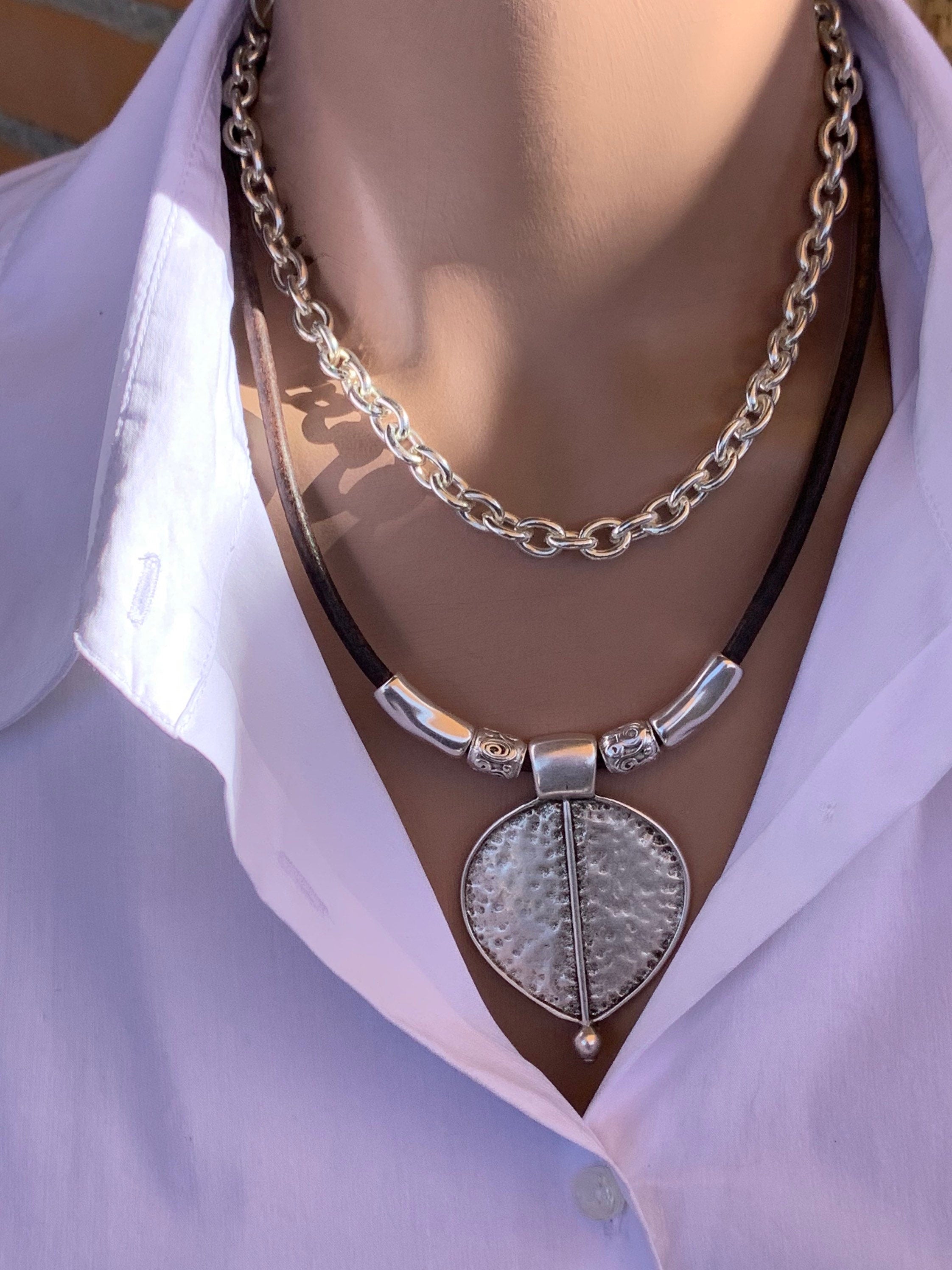 Layered Silver and Leather Pendant Necklace – Chunky Tribal Multi-Strand Necklace – Customizable Statement Jewelry