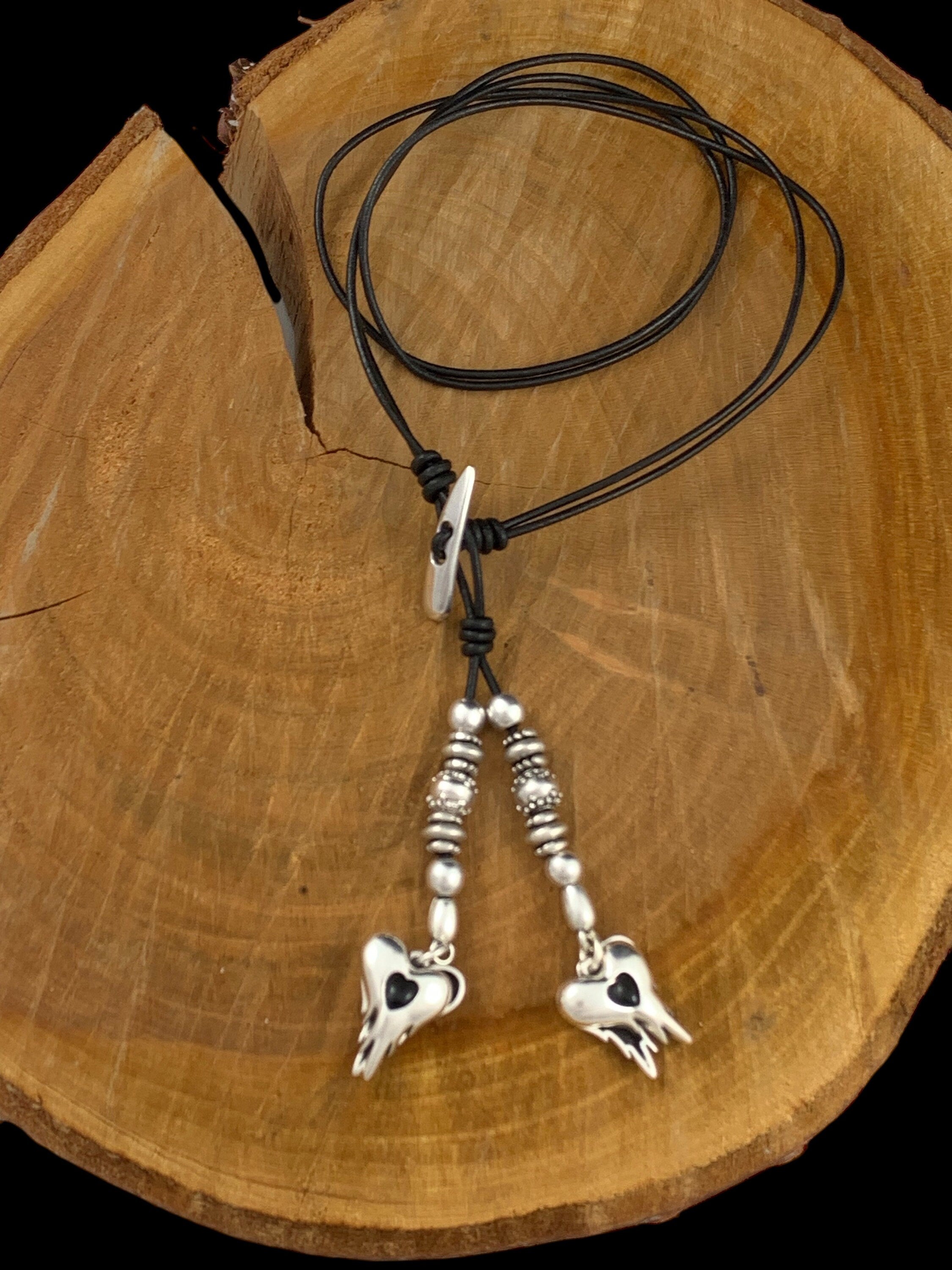 Bohemian Leather Lariat Necklace – Dangle Silver Heart Charms – Adjustable Y Necklace – Layering Statement Jewelry - ethic tribal tie choker