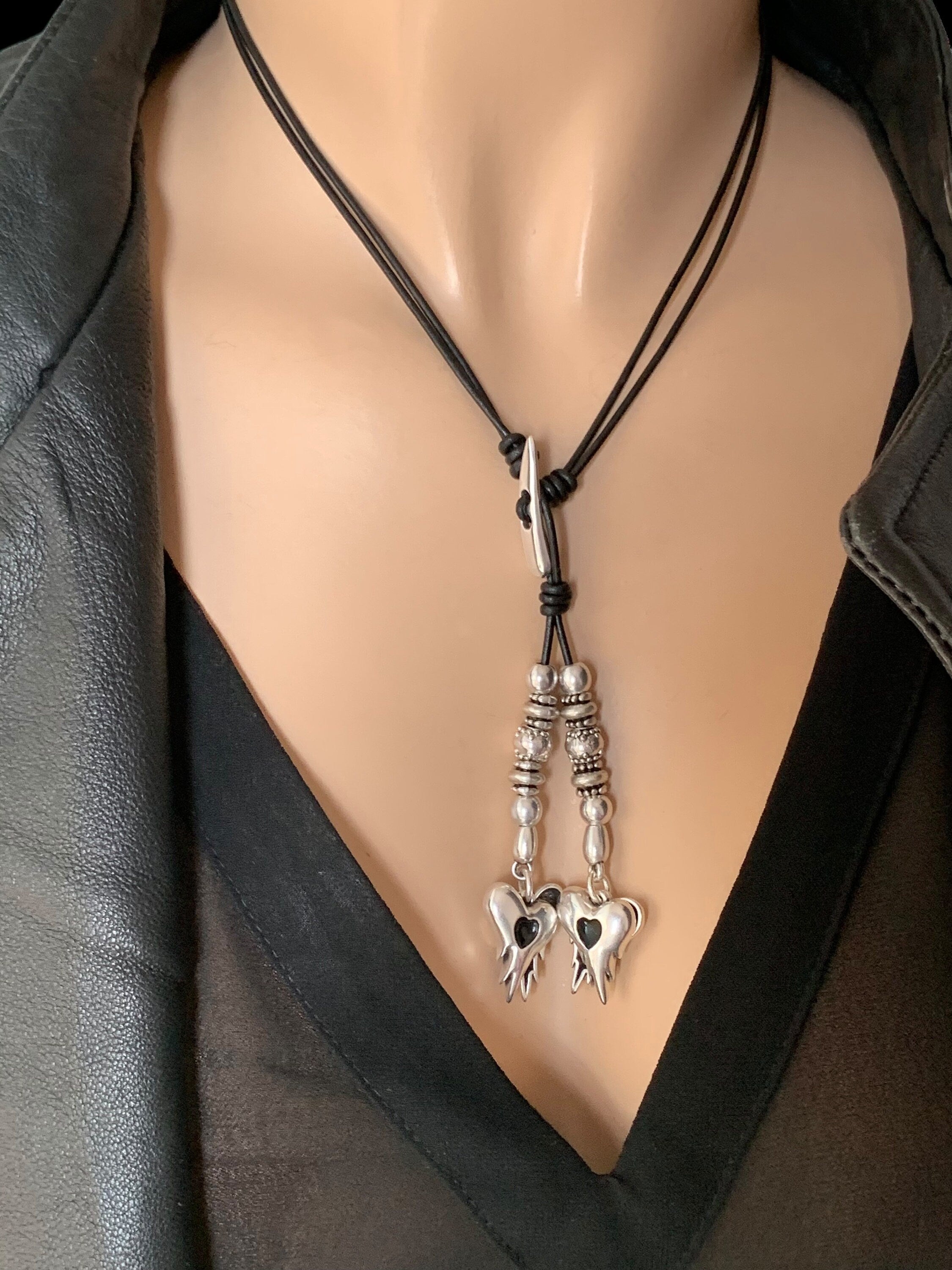 Bohemian Leather Lariat Necklace – Dangle Silver Heart Charms – Adjustable Y Necklace – Layering Statement Jewelry - ethic tribal tie choker