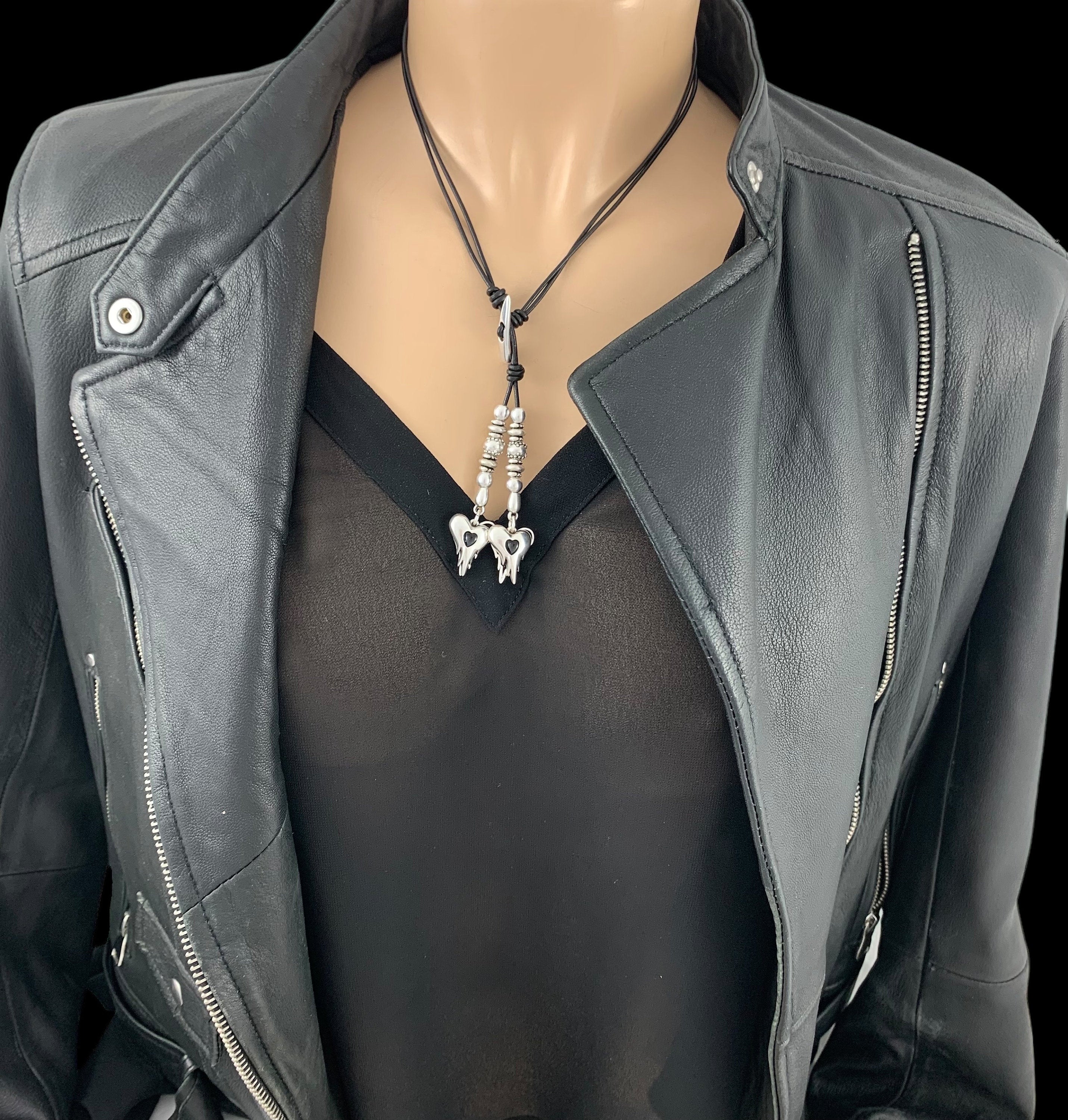 Bohemian Leather Lariat Necklace – Dangle Silver Heart Charms – Adjustable Y Necklace – Layering Statement Jewelry - ethic tribal tie choker