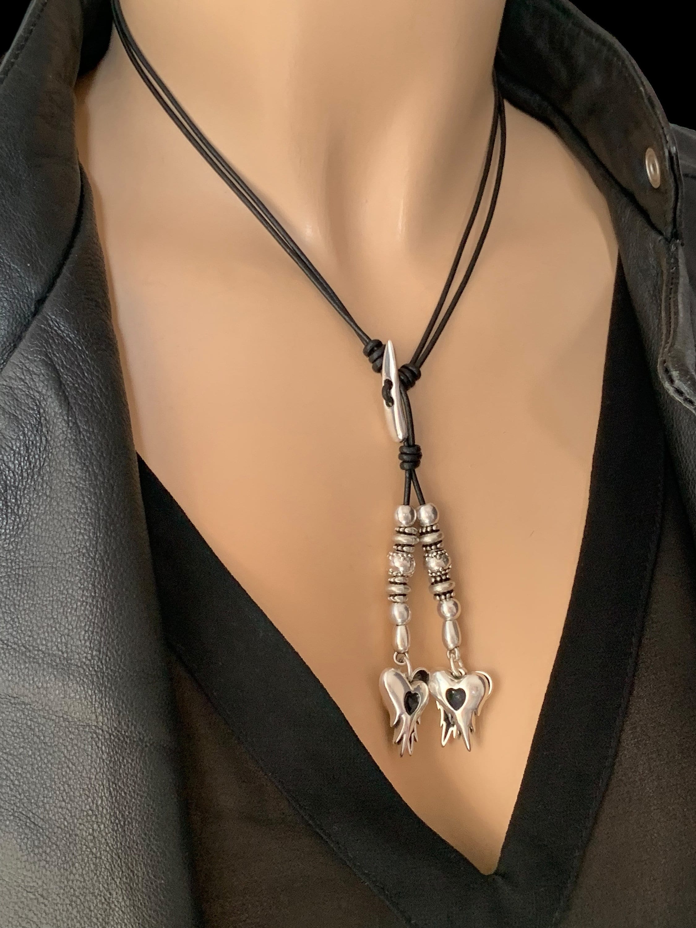 Bohemian Leather Lariat Necklace – Dangle Silver Heart Charms – Adjustable Y Necklace – Layering Statement Jewelry - ethic tribal tie choker
