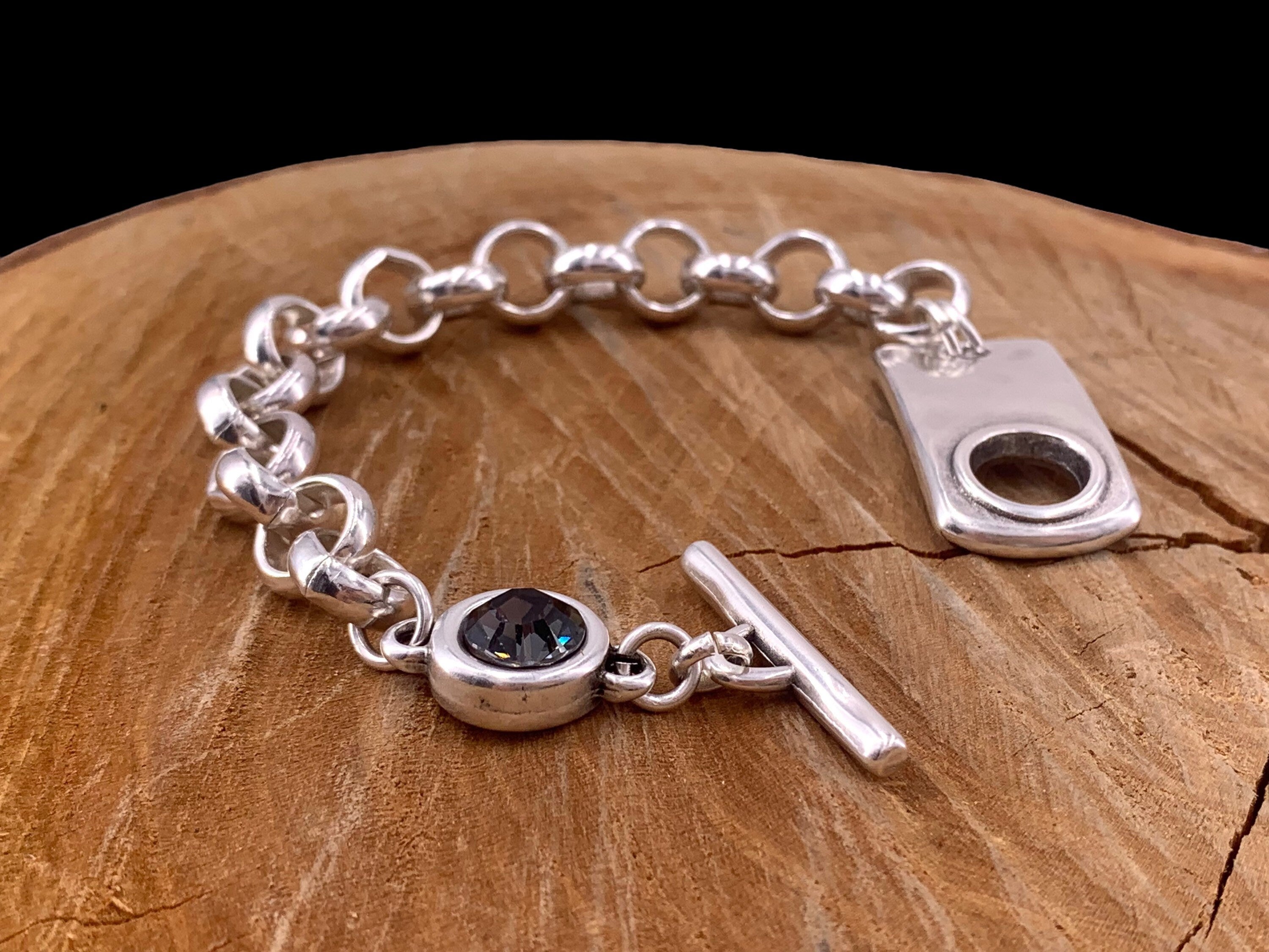 Chunky silver chain bracelet with toggle clasp and Swarovski crystal, thick rolo chain silver bracelet, gift for women, statement bracelet