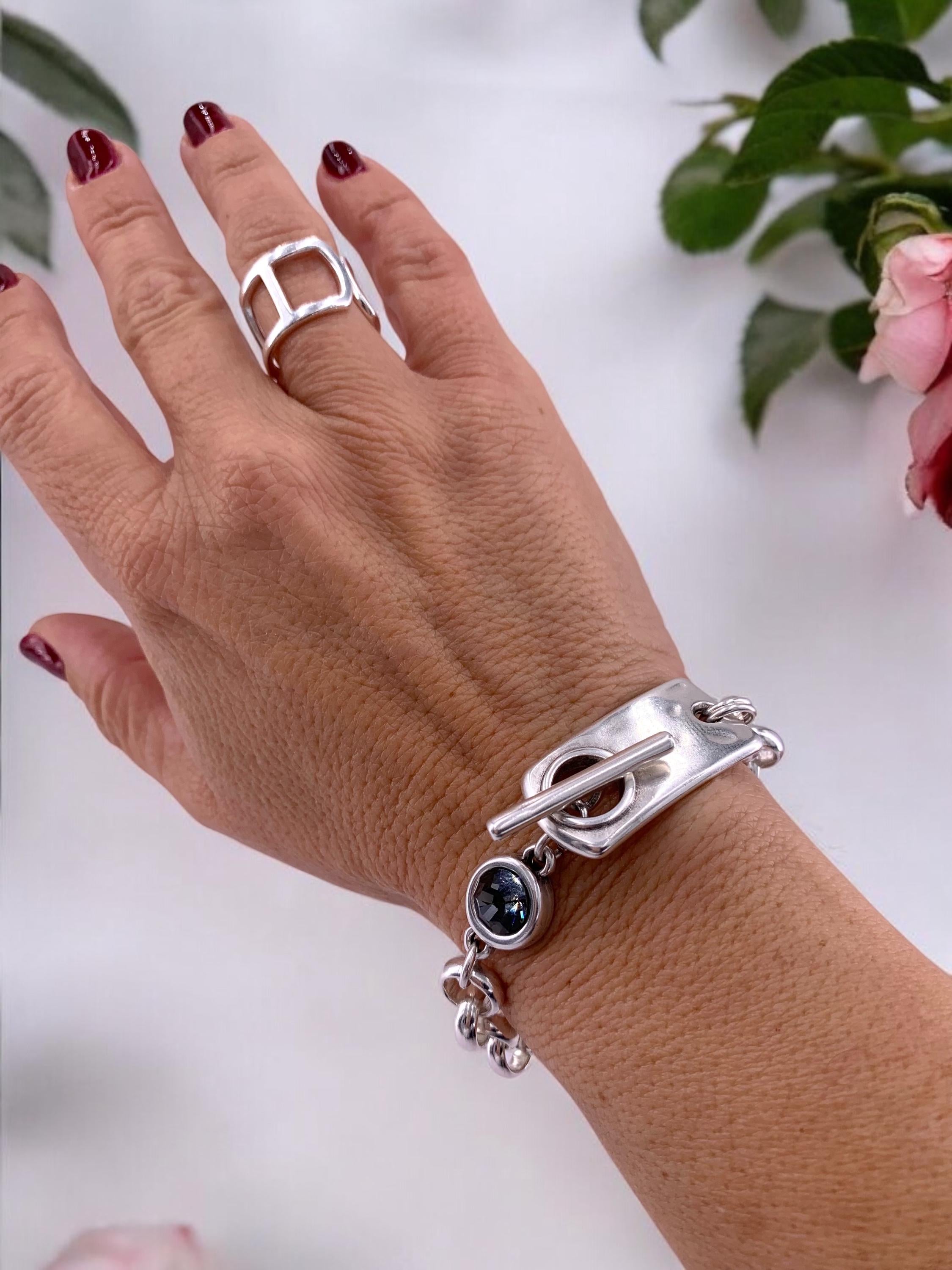 Chunky silver chain bracelet with toggle clasp and Swarovski crystal, thick rolo chain silver bracelet, gift for women, statement bracelet
