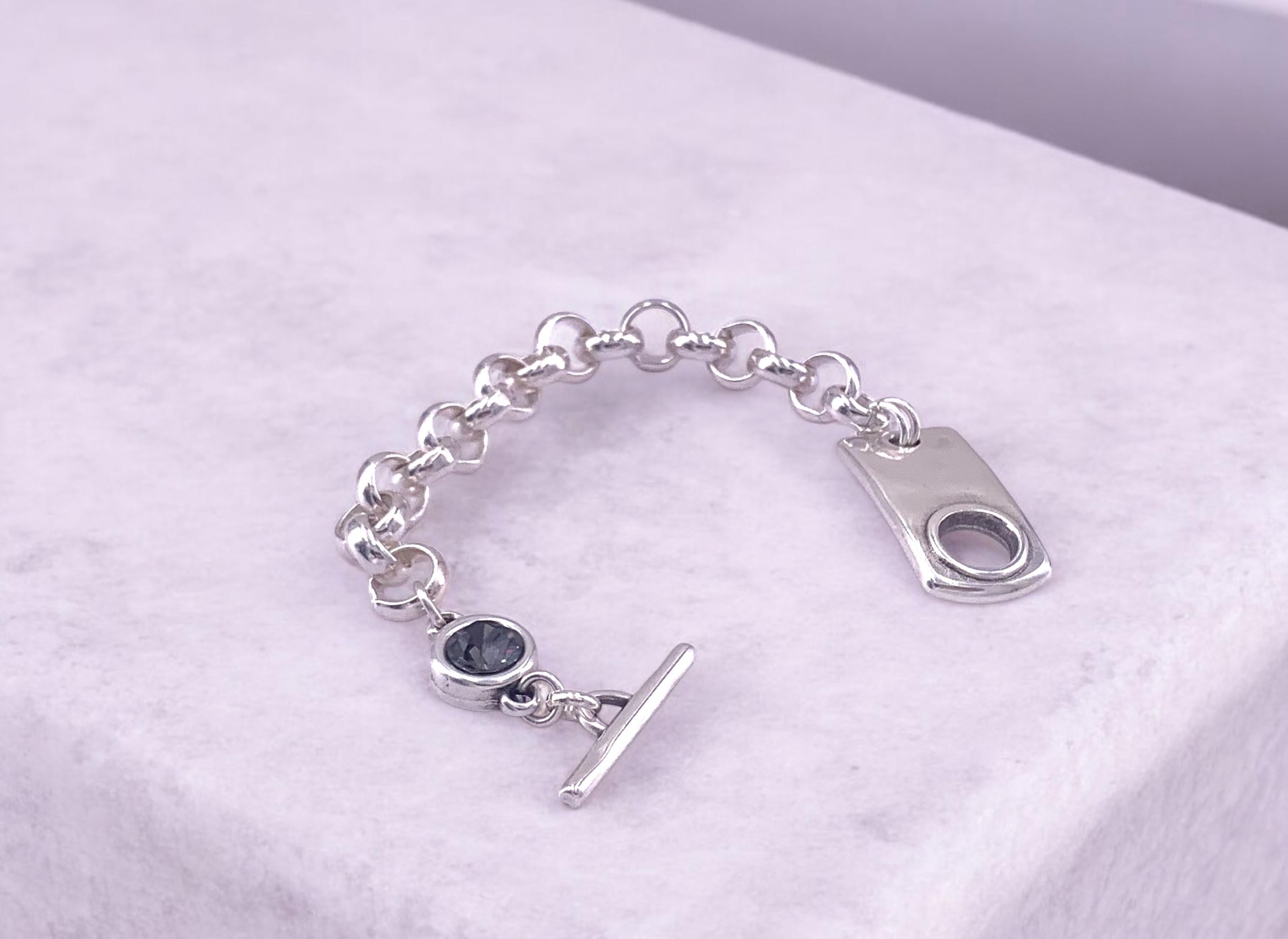 Chunky silver chain bracelet with toggle clasp and Swarovski crystal, thick rolo chain silver bracelet, gift for women, statement bracelet