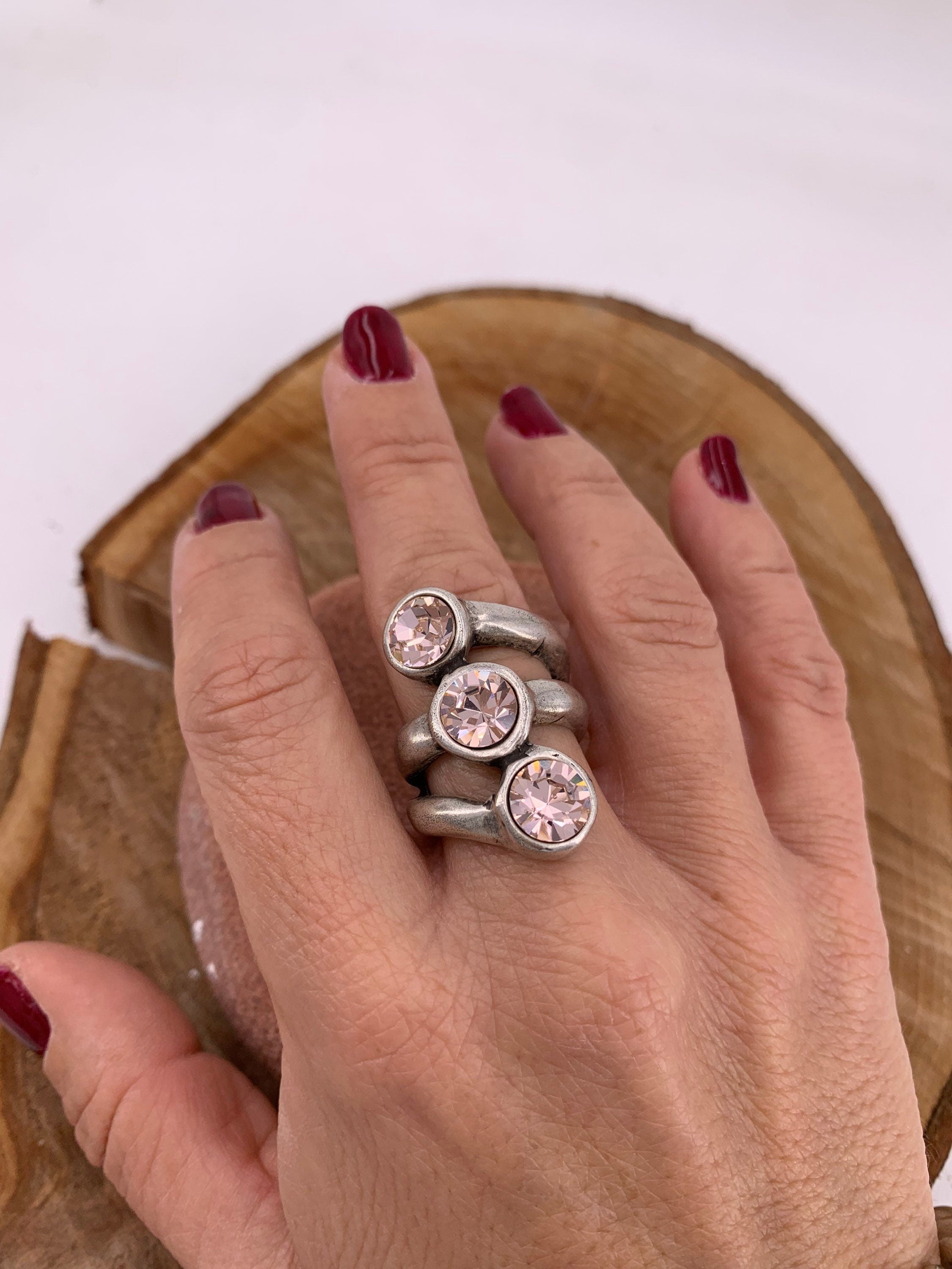 Silver plated chunky Ring with Swarovski Crystals, Bold Silver oversized Modern Design