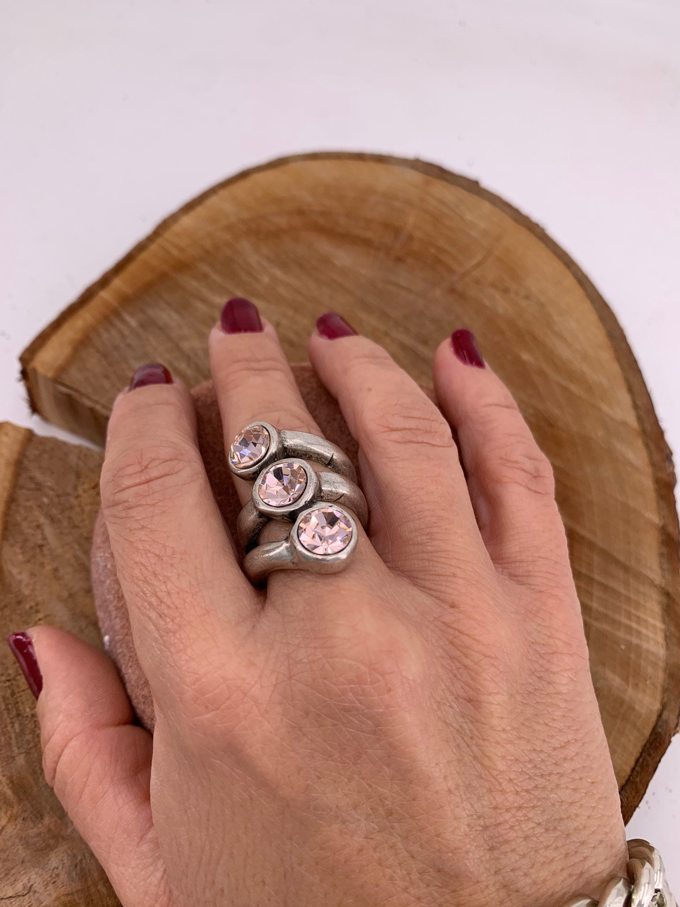 Silver plated chunky Ring with Swarovski Crystals, Bold Silver oversized Modern Design
