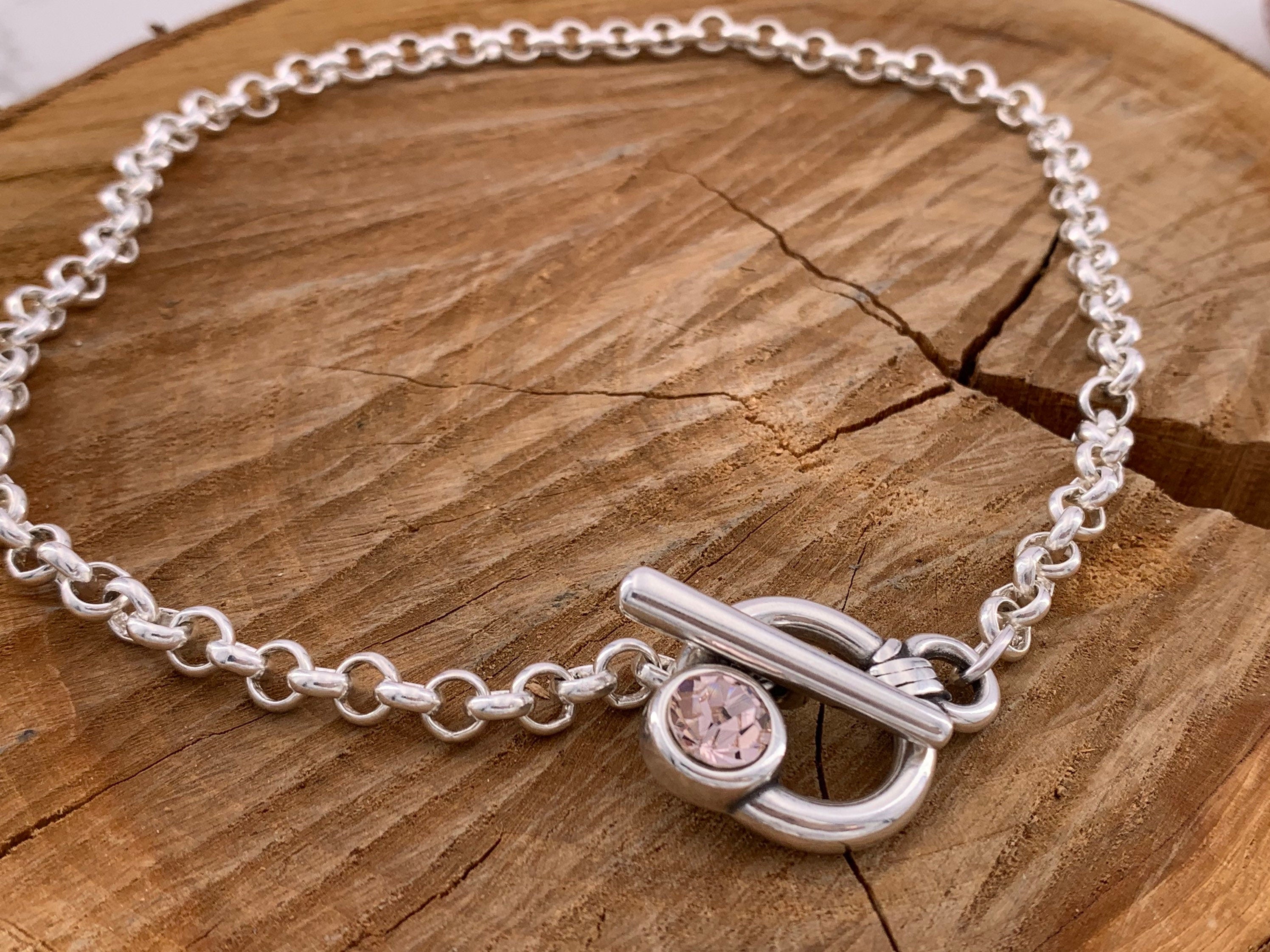 Chunky silver necklace made of sterling silver plated chain an Swarovski crystal, toggle clasp chunky necklace,