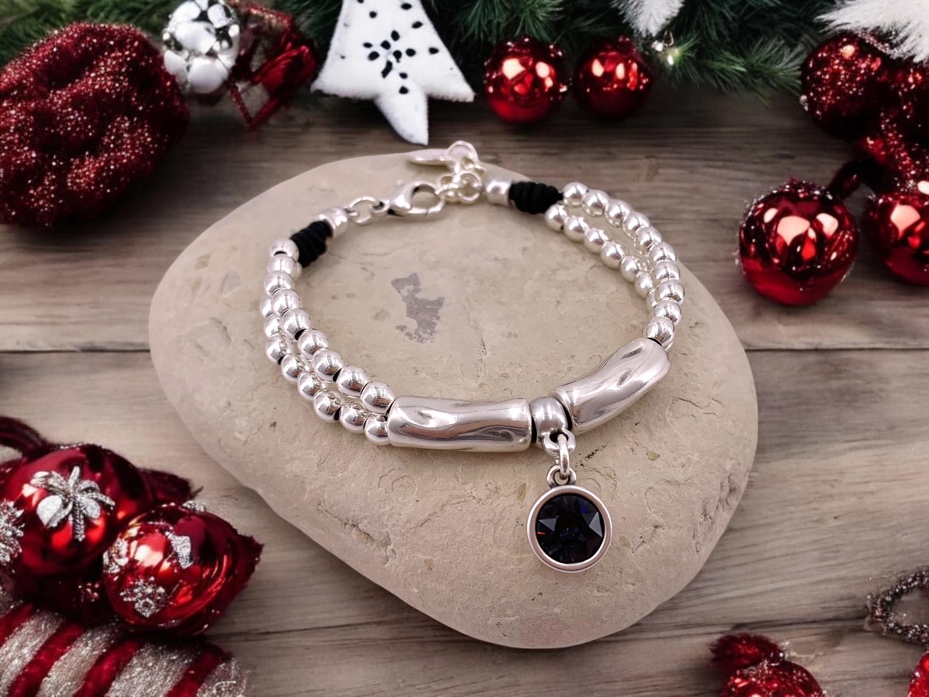 Woman boho leather silver beaded Bracelet with Swarovski crystal, silver bohemian bracelet, chunky silver beads bracelet, ,