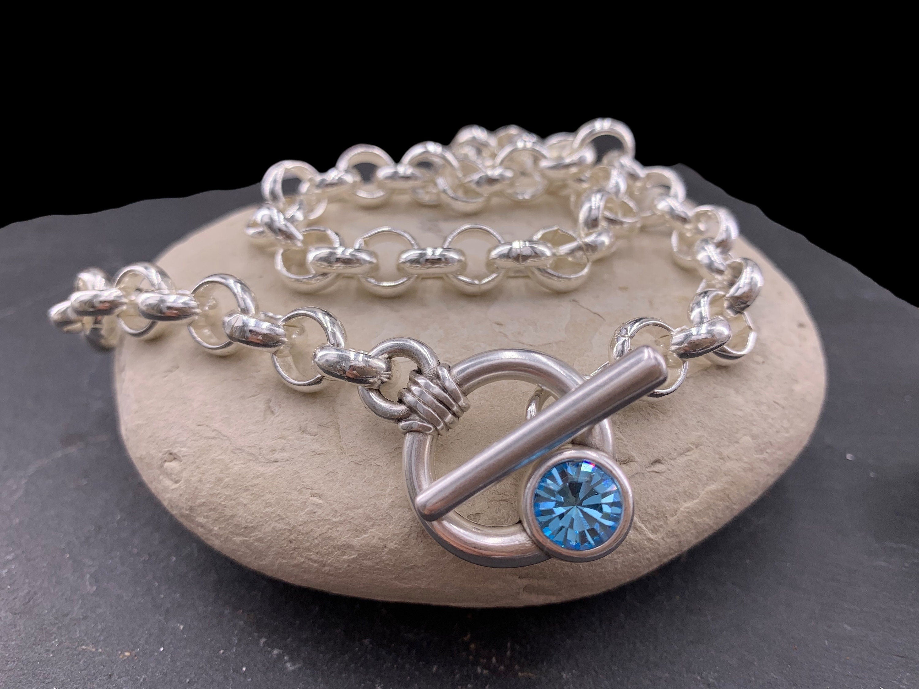 Chunky Silver Chain Necklace – Swarovski Crystal Toggle Clasp – Bold Rolo Chain – Custom Length – Handmade in Spain -