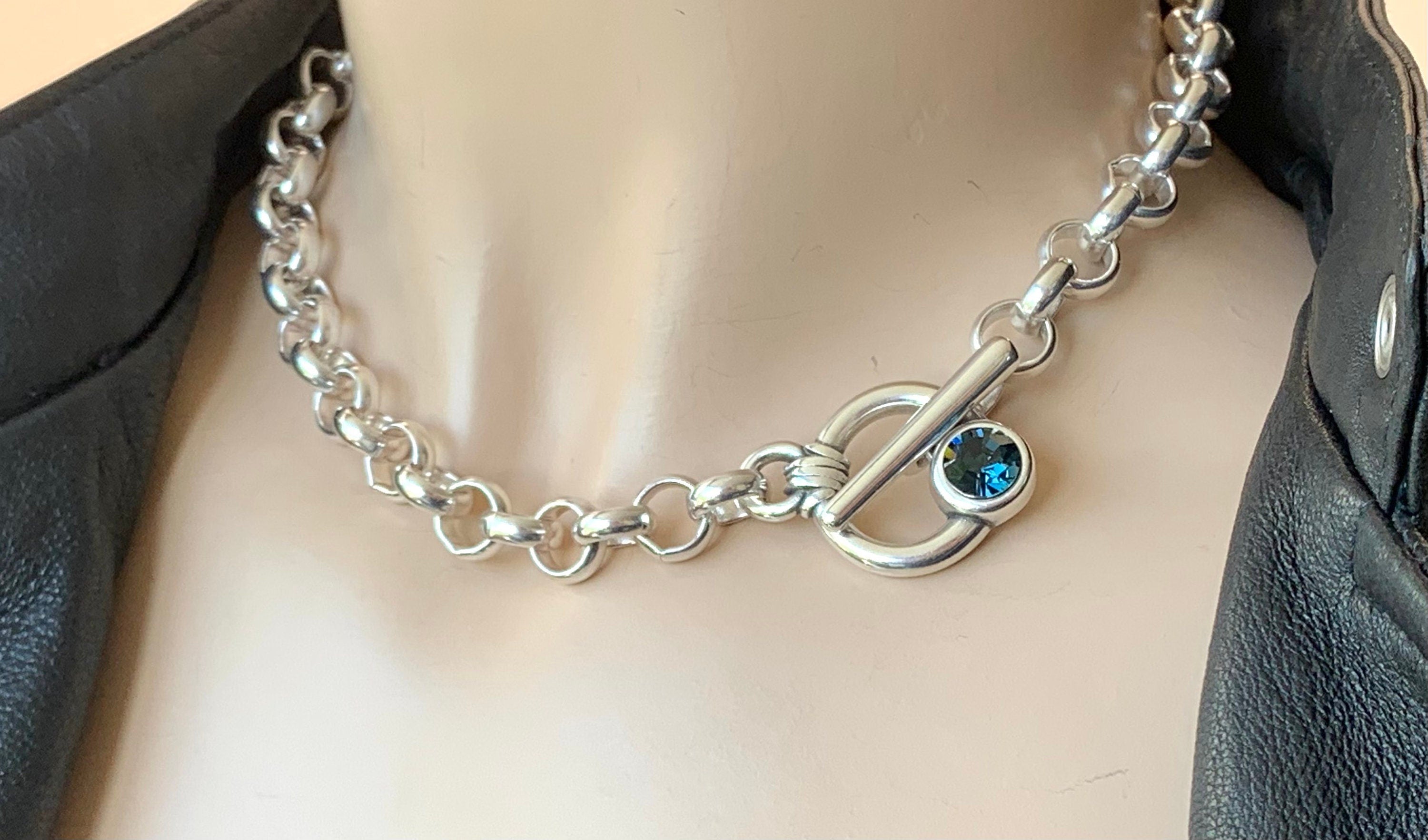 Chunky Silver Chain Necklace – Swarovski Crystal Toggle Clasp – Bold Rolo Chain – Custom Length – Handmade in Spain -