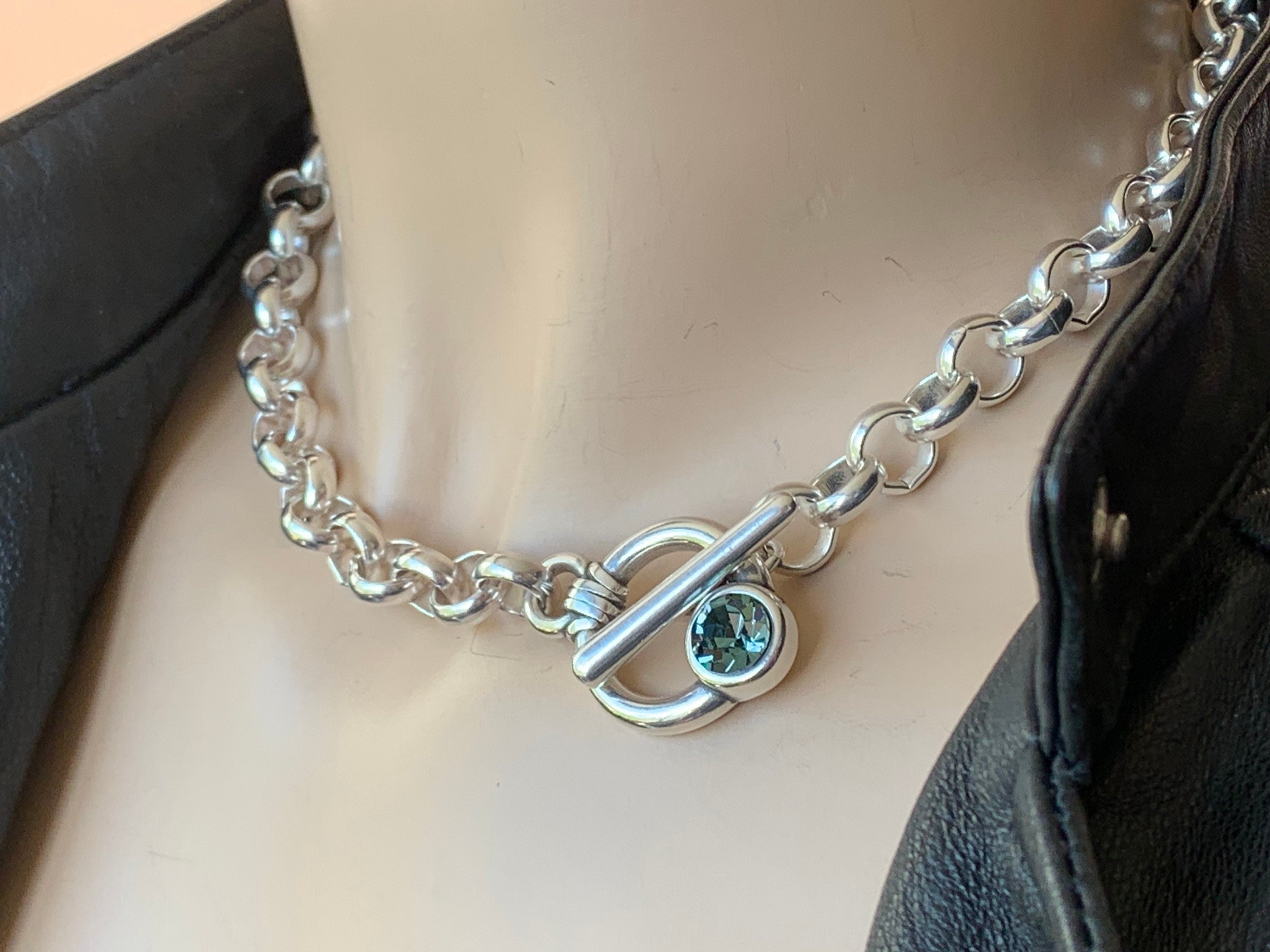 Chunky Silver Chain Necklace – Swarovski Crystal Toggle Clasp – Bold Rolo Chain – Custom Length – Handmade in Spain -