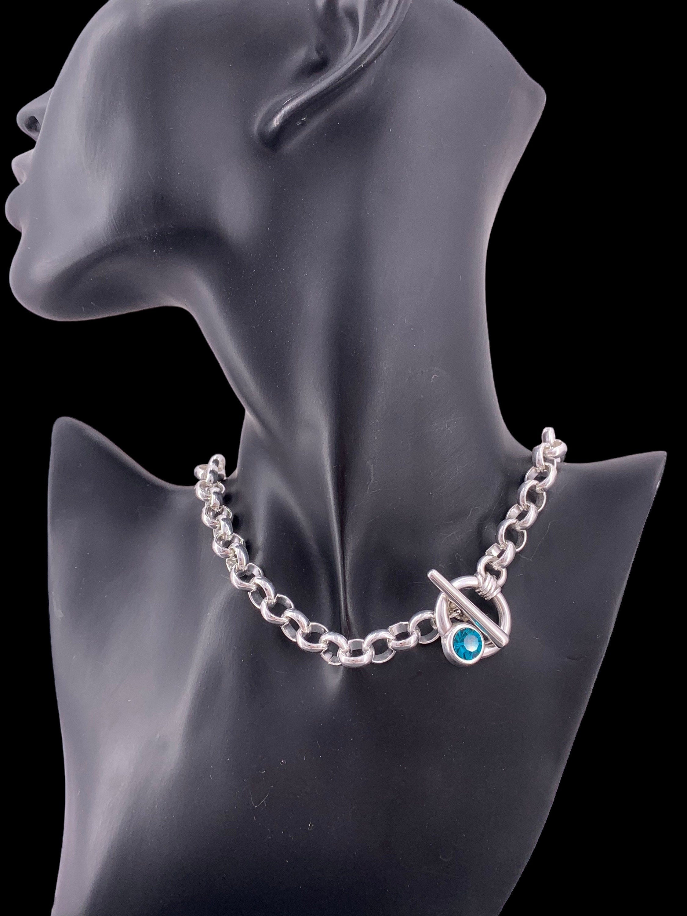 Chunky Silver Chain Necklace – Swarovski Crystal Toggle Clasp – Bold Rolo Chain – Custom Length – Handmade in Spain -