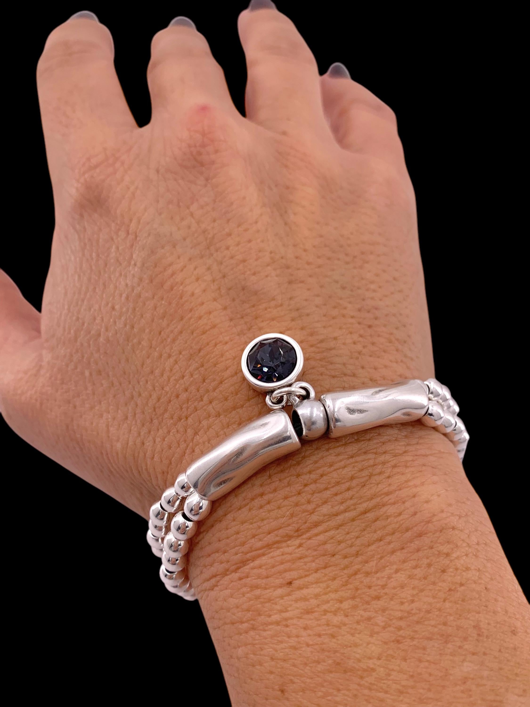 Woman boho leather silver beaded Bracelet with Swarovski crystal, silver bohemian bracelet, chunky silver beads bracelet, uno de 50 style,
