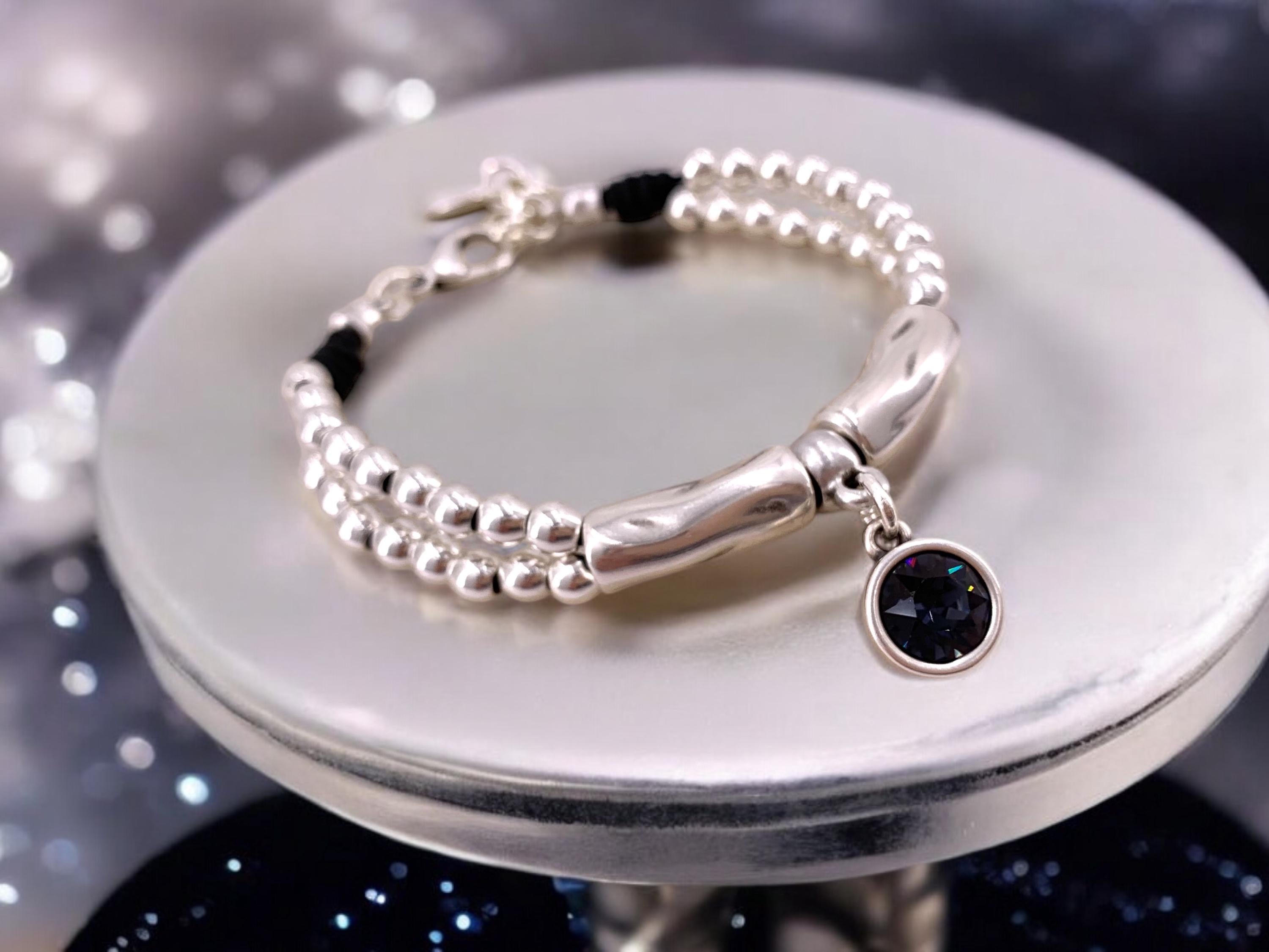 Woman boho leather silver beaded Bracelet with Swarovski crystal, silver bohemian bracelet, chunky silver beads bracelet, ,