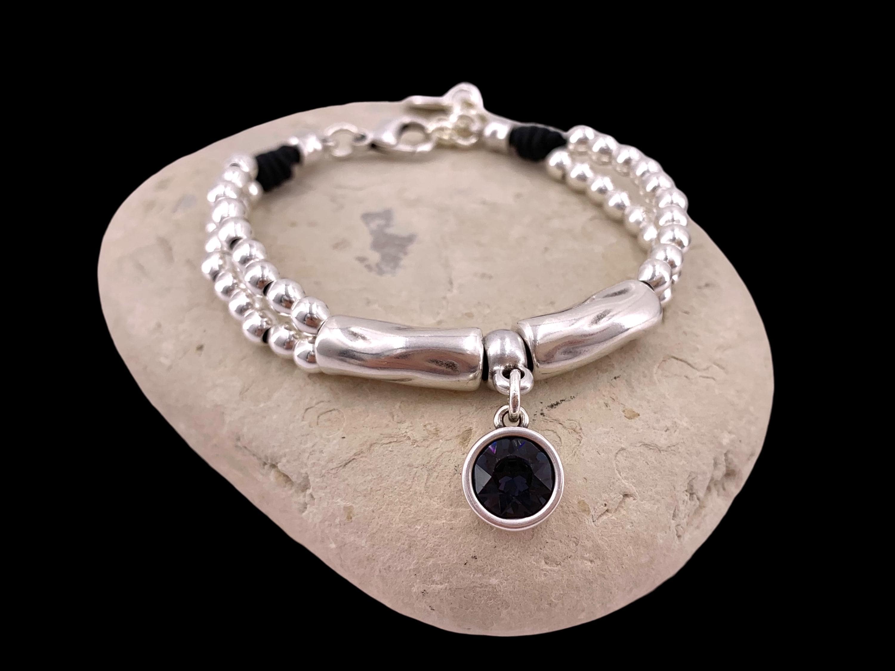 Woman boho leather silver beaded Bracelet with Swarovski crystal, silver bohemian bracelet, chunky silver beads bracelet, ,