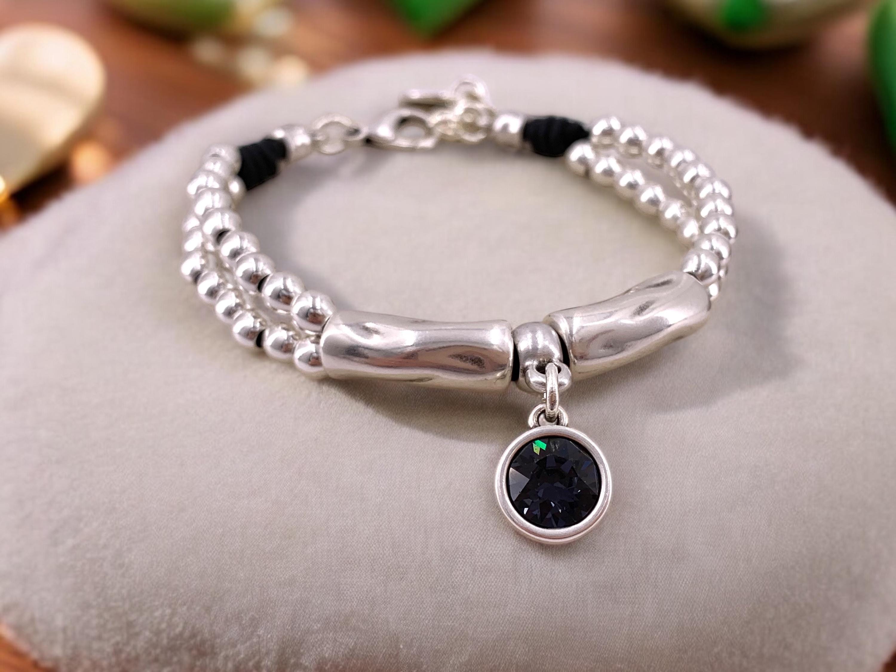 Woman boho leather silver beaded Bracelet with Swarovski crystal, silver bohemian bracelet, chunky silver beads bracelet, ,
