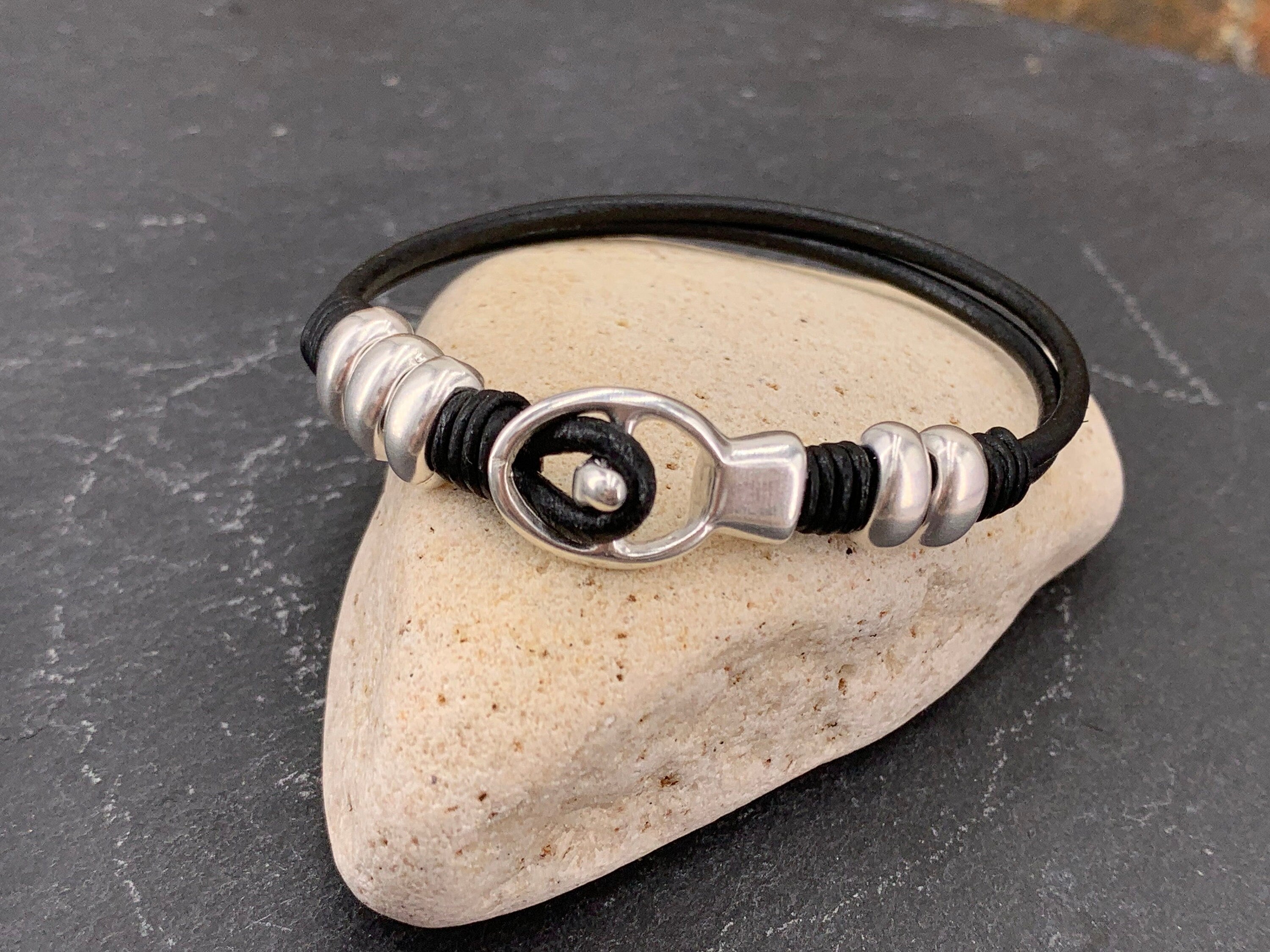 leather bracelet for men, silver beaded leather bracelet, unisex leather bracelet, uno de 50 style, bohemian men bracelet, gift for men