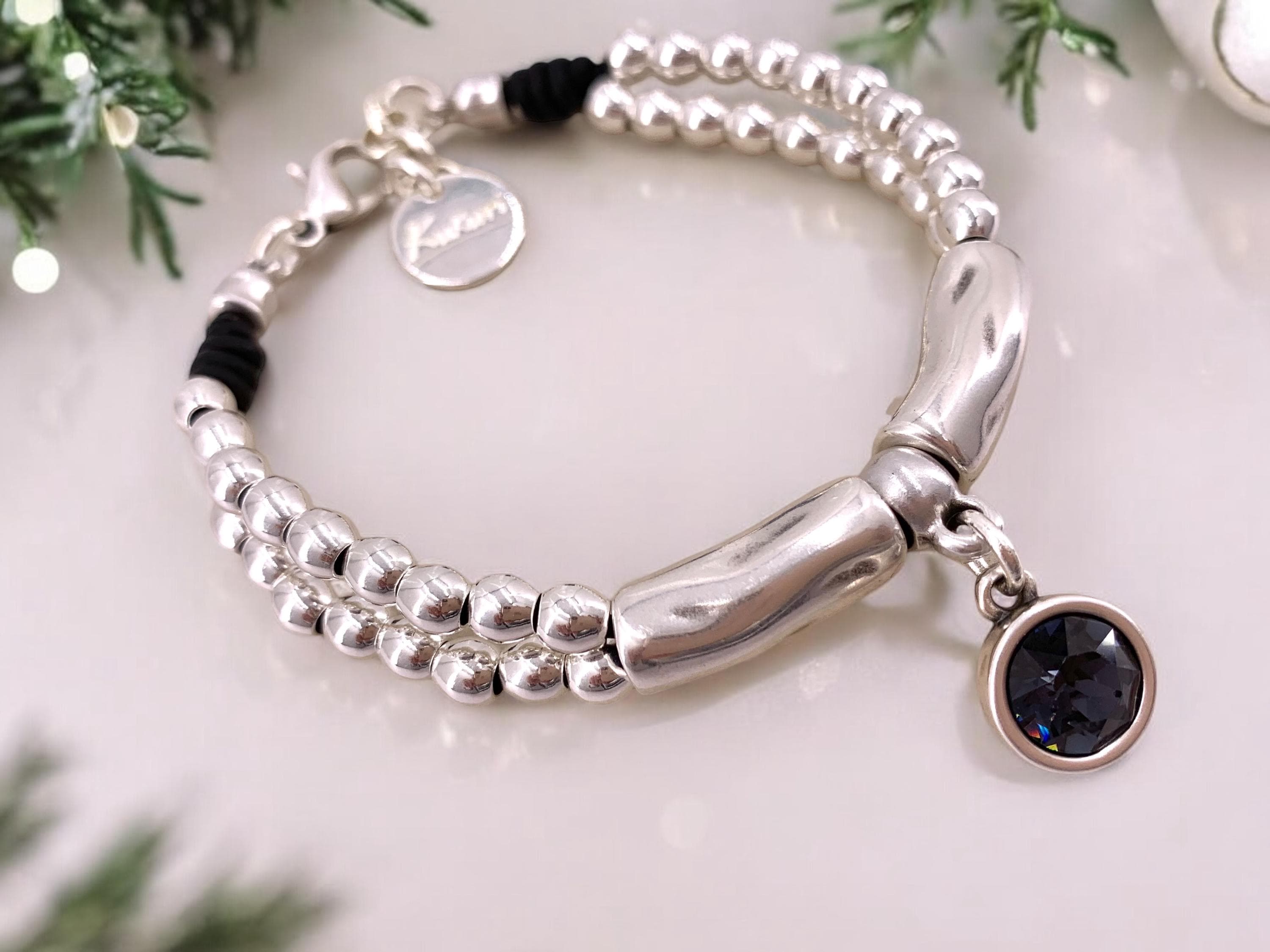Woman boho leather silver beaded Bracelet with Swarovski crystal, silver bohemian bracelet, chunky silver beads bracelet, ,