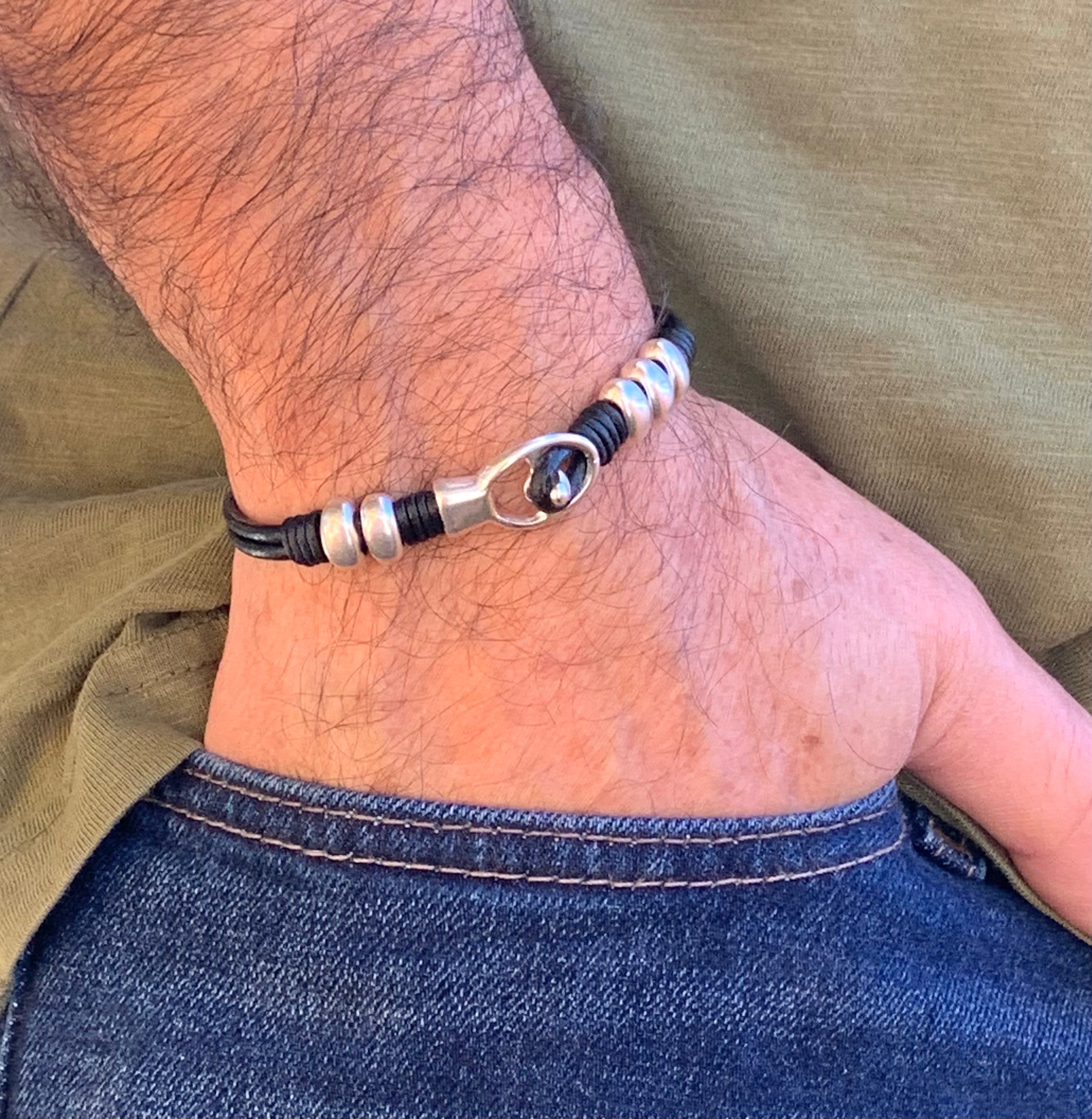 leather bracelet for men, silver beaded leather bracelet, unisex leather bracelet, uno de 50 style, bohemian men bracelet, gift for men